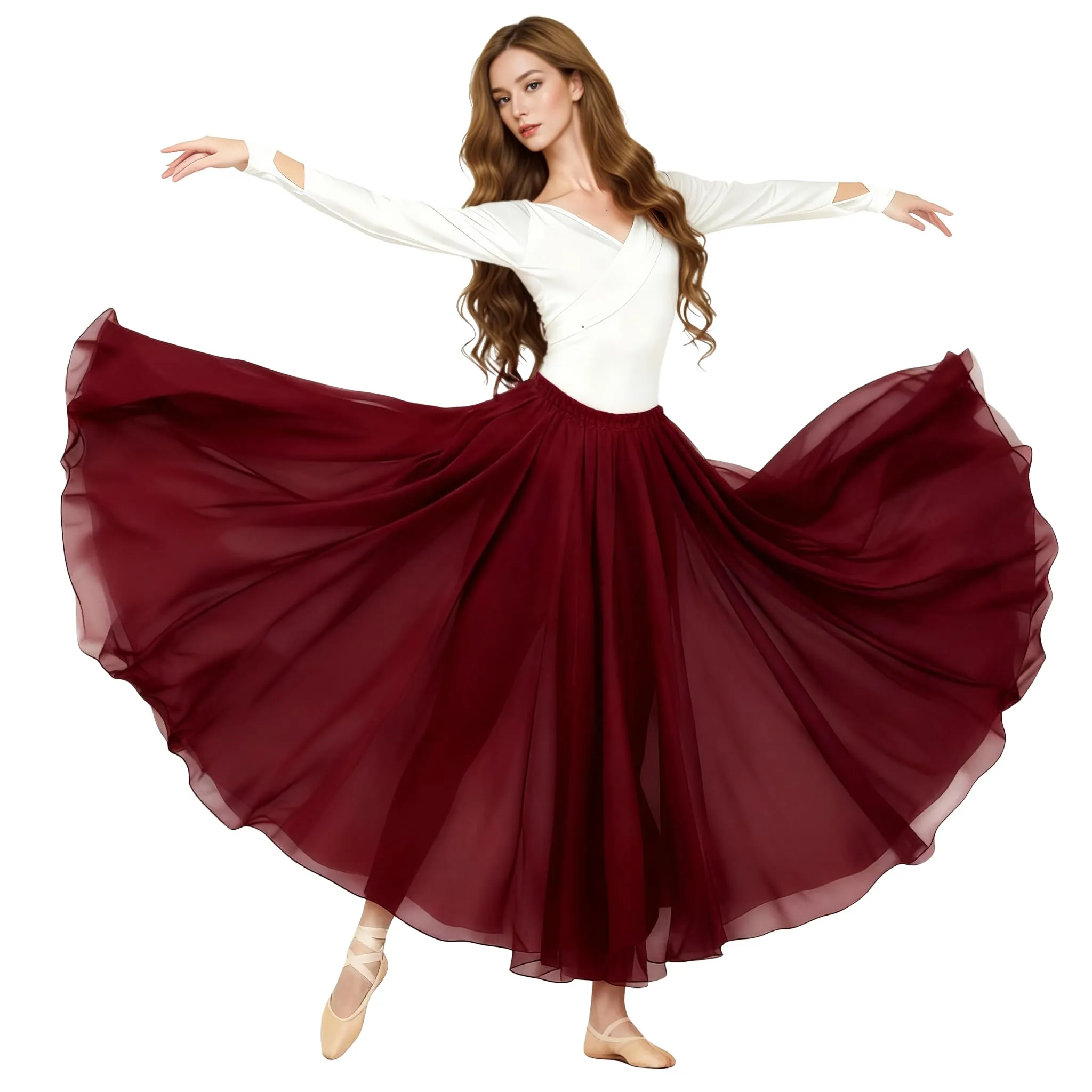 Baisdan Donna Gonna in Chiffon per Danza del Ventre, Gonne Flamenco a Cerchio Completo per Costumi di Halloween, Carnevale Spettacoli, Rosso Scuro., Taglia Unica