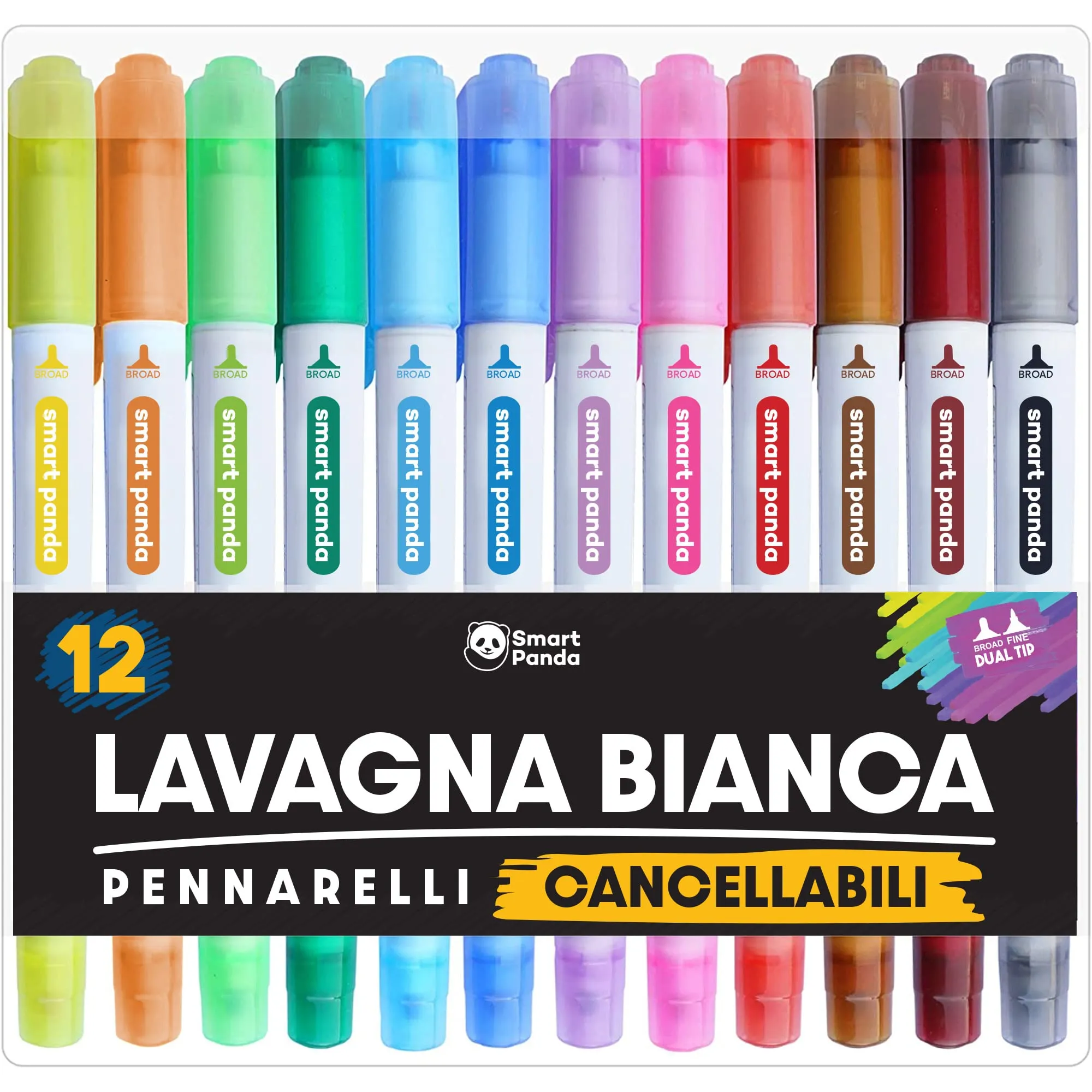 Smart Panda Pennarelli Lavagna Bianca - Doppia Punta, Media e Fine – Cancellabili - Subito Asciutti, 12 Colori