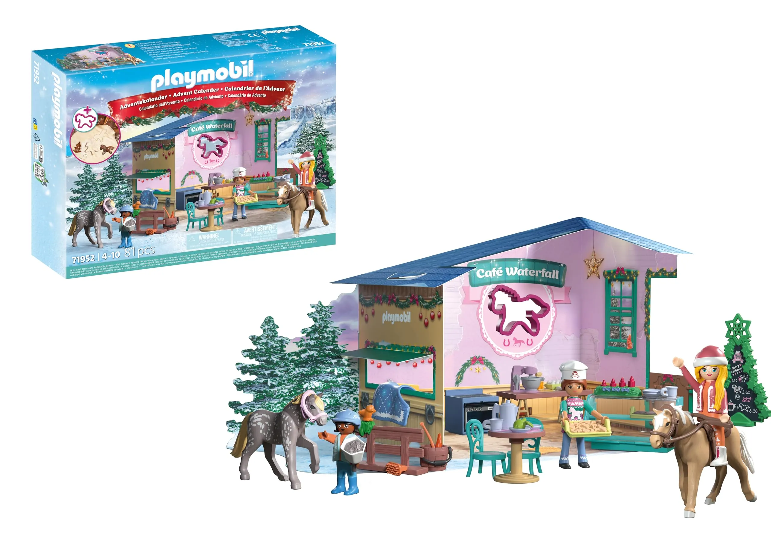 PLAYMOBIL Christmas Baking at the Riding Café Set da gioco con statuine, Calendario dell’Avvento Cavalli della cascata