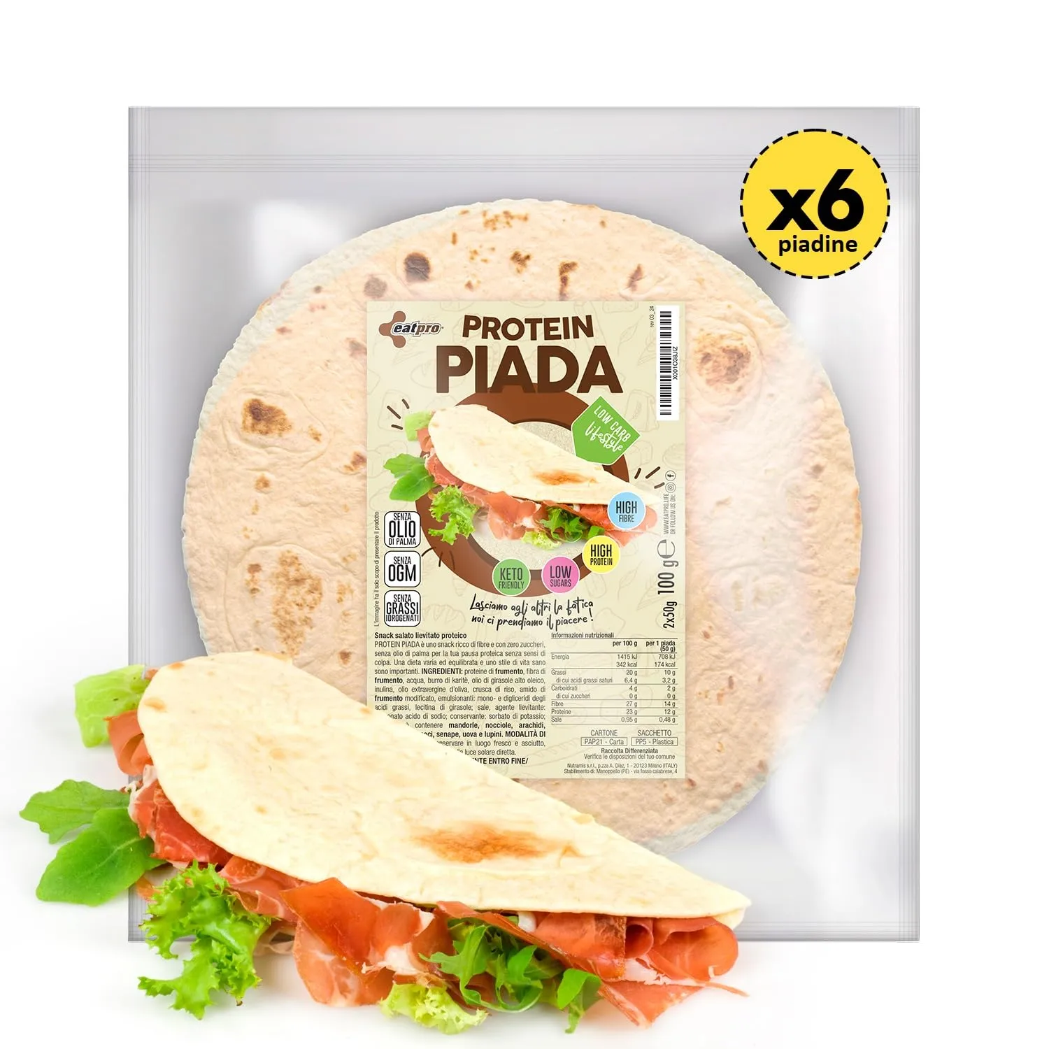 Piadina Proteica Senza Carboidrati EatPro 6 Pezzi Piadina Keto Da 50g, 4% Low Carb, 23% Proteine, Keto Diet Cibo Proteico, 27% Fibre, Prodotti Keto Zero Carboidrati Come Pizza Proteica EatPro