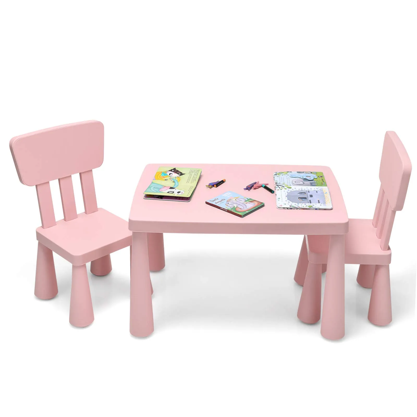 COSTWAY Set Tavolo e Sedie per Bambini 1-7 Anni, 2 Sedie Ergonomiche con Schienale, Materiale PP Atossico e Inodore, Angoli Arrotondati, Adatto per Giocare, Disegnare e Leggere, Portata 50kg (Rosa)