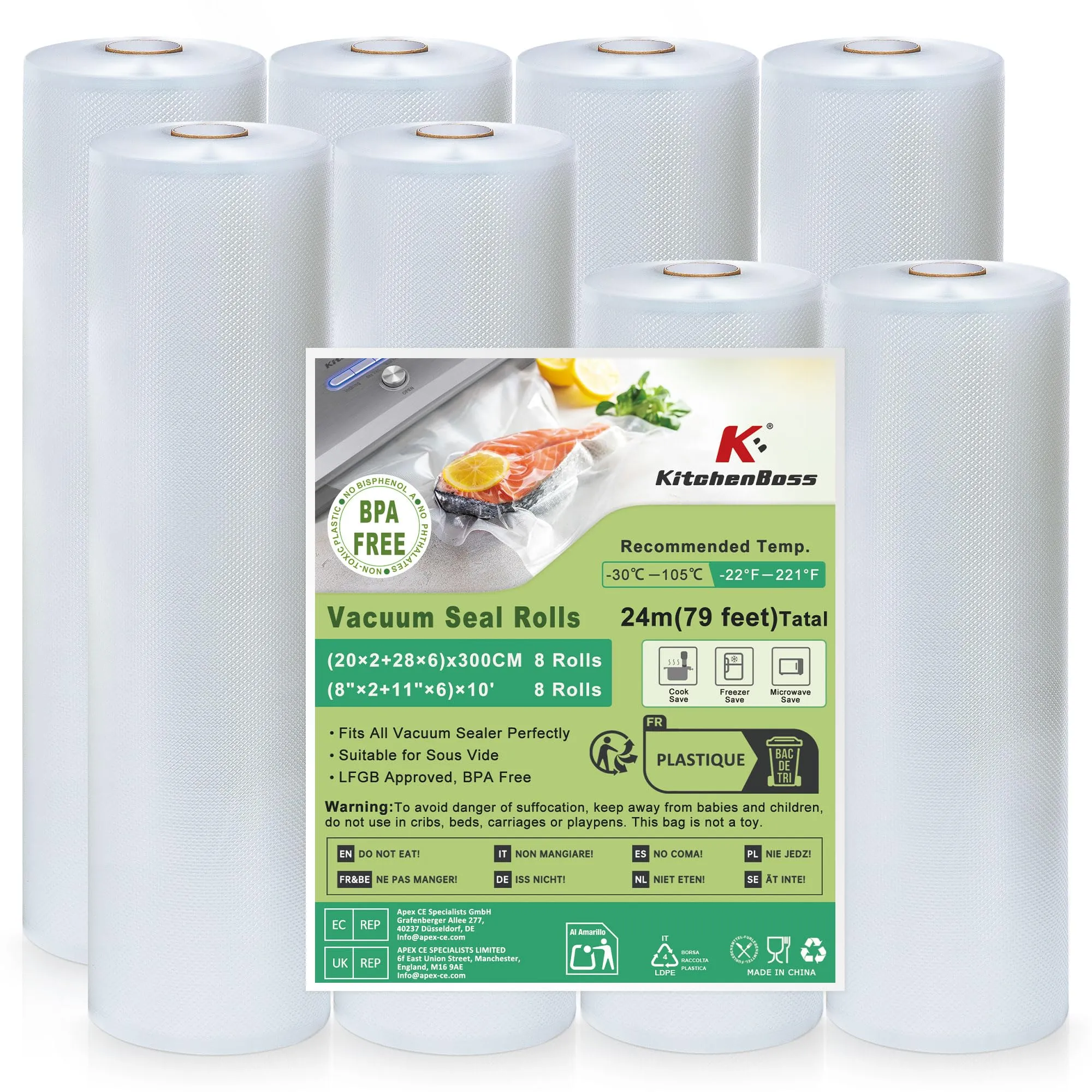 KitchenBoss Sacchetti Sottovuoto Alimenti：Buste Sottovuoto Alimenti 20x2/28x6/300 cm, 8 Rotoli, Rotolo Sottovuoto Alimenti Senza BPA, Adatti per Macchine Sottovuoto & Cottura Sous Vide