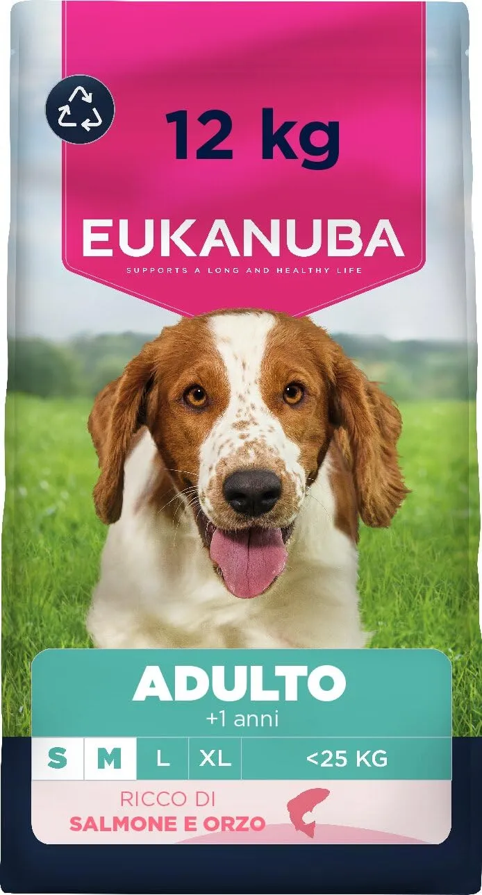 Eukanuba Mangime secco per cani con salmone e orzo per razze di taglia piccola e media, mangime secco premium per cani adulti, 12 kg