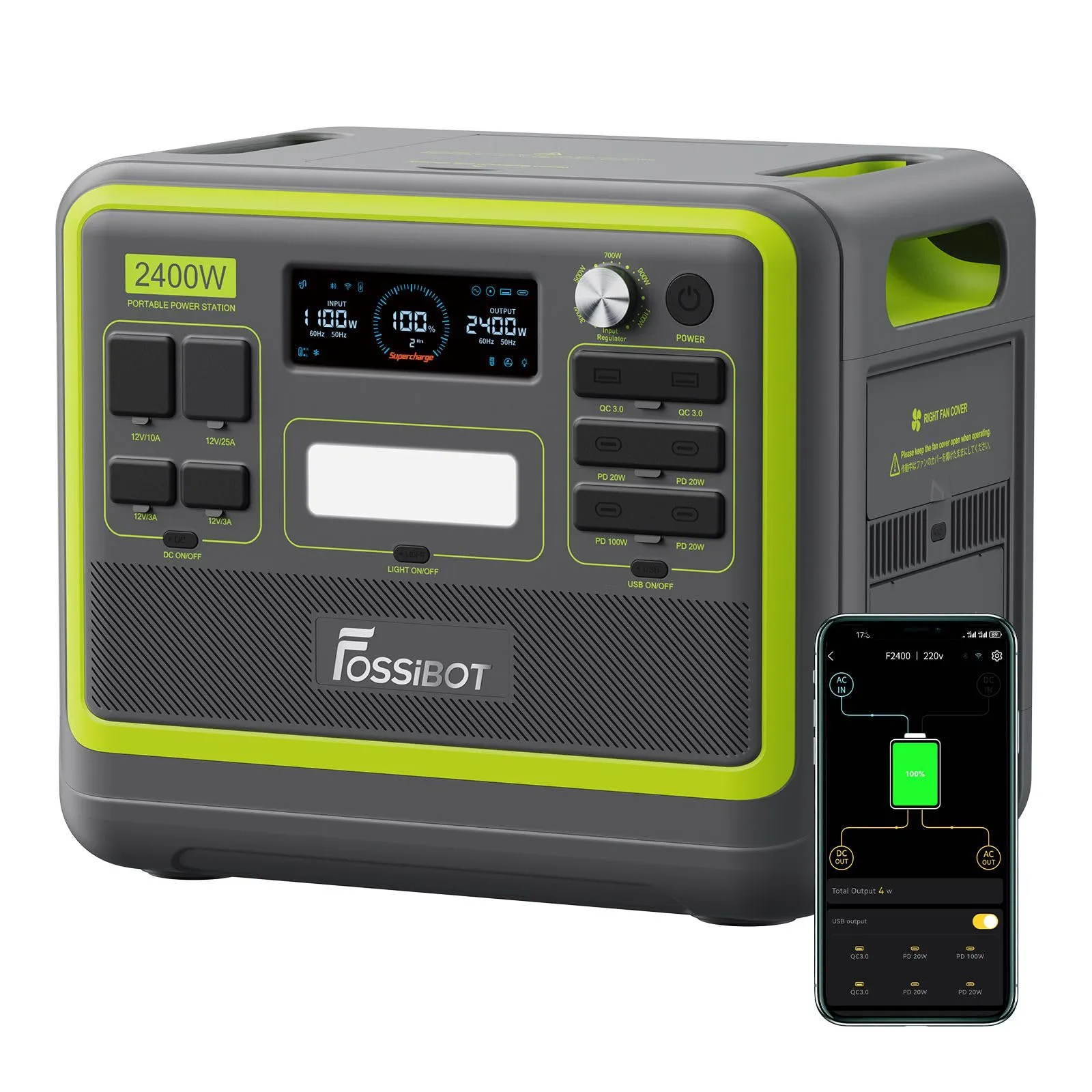 FOSSiBOT F2400 Centrale Elettrica Portatile e Generatore Solare, Batteria di Backup LiFePO4 da 2048 Wh, Uscita CA 2400W (Picco 4800W), CC, USB,Power station adatta per Camper e Viaggi All'aperto