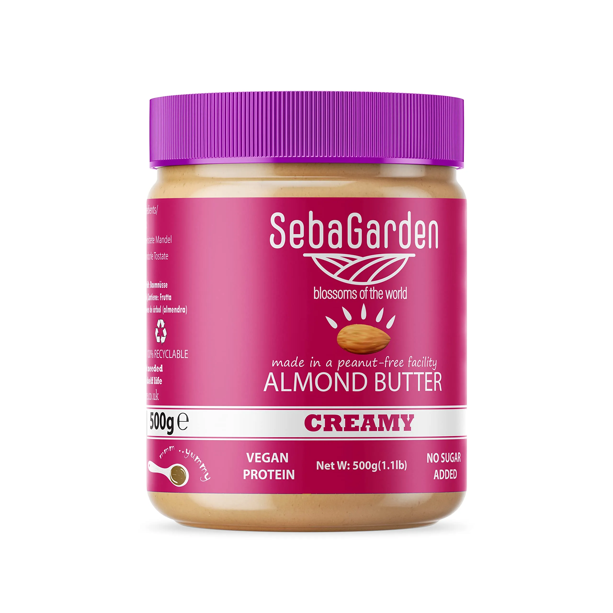 Seba Garden Burro di mandorle, 500 g, puro e naturale, crema spalmabile liscia alle mandorle californiane, 100% mandorle, adatto a dieta paleo e cheto, senza zuccheri aggiunti