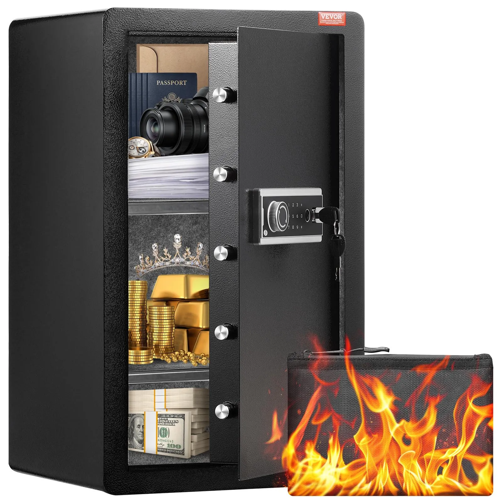 VEVOR Cassaforte a una Porta da 113,2 L con Serratura a Chiave e Password e Impronta Digitale, Cassaforte con Borsa Ignifuga, Portachiavi, Luce LED, 2 Divisori Regolabili per Denaro documenti Nero