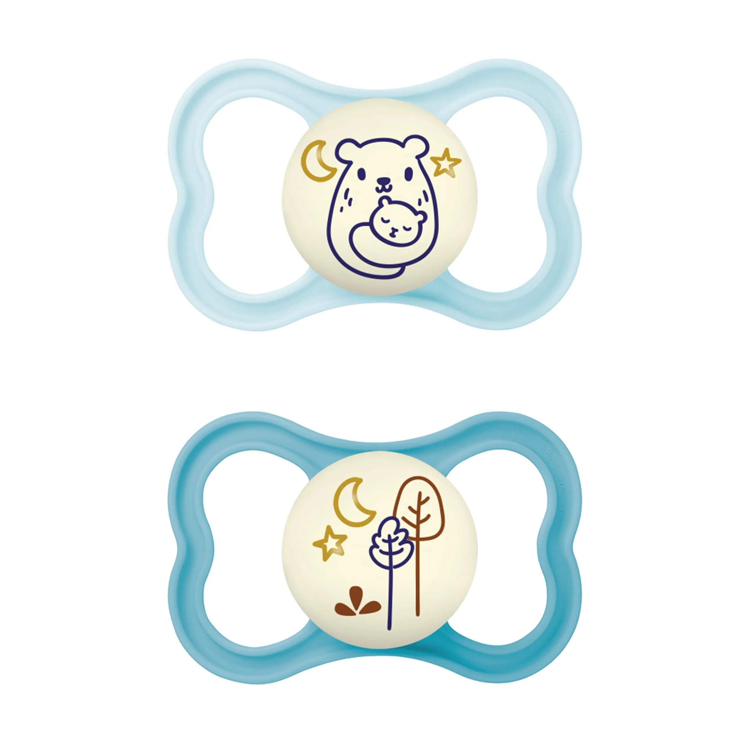 MAM Air Night, ciuccio in silicone, set da 2 pezzi, adatto ai denti e luminoso, design a scudo extra leggero e arioso con scatola ciuccio, 6-16 mesi, orso/alberi