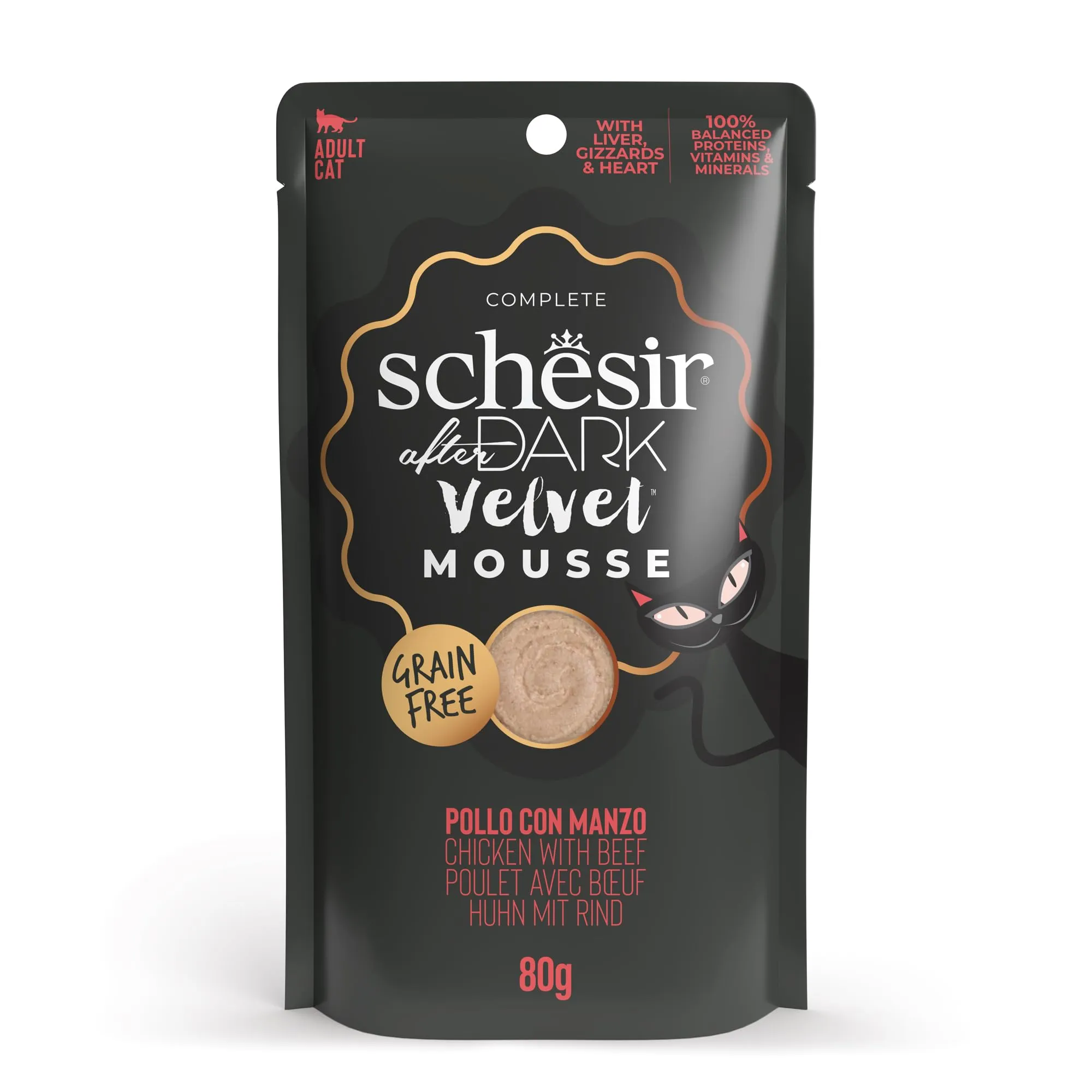 Schesir After Dark, Gusto Pollo con Manzo in Mousse, Cibo Umido Completo per Gatti Adulti (Bustine12 da 80g)