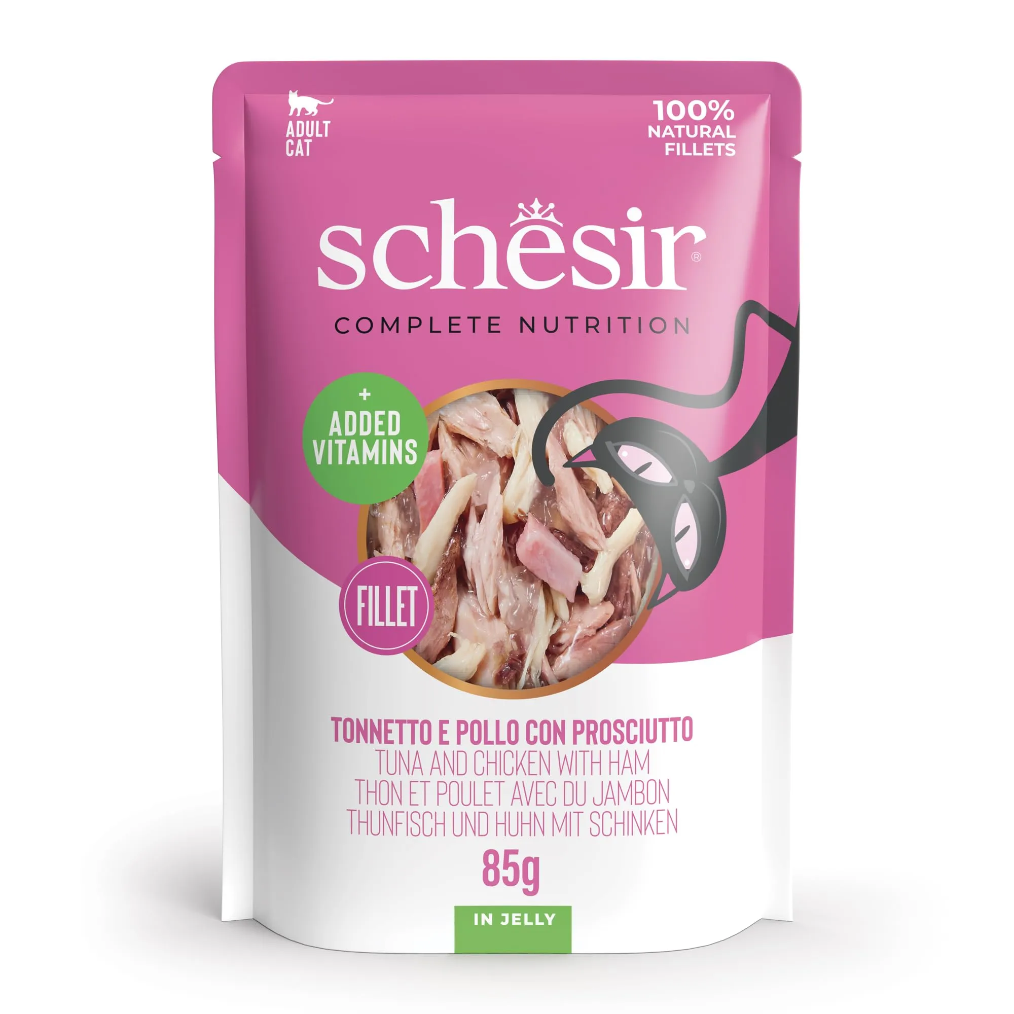 Schesir, Tonnetto e Pollo con Prosciutto in Gelatina, Alimento Umido Completo per Gatti, in Busta, Ingredienti 100% Naturali, Cruelty Free, 12 x 85g