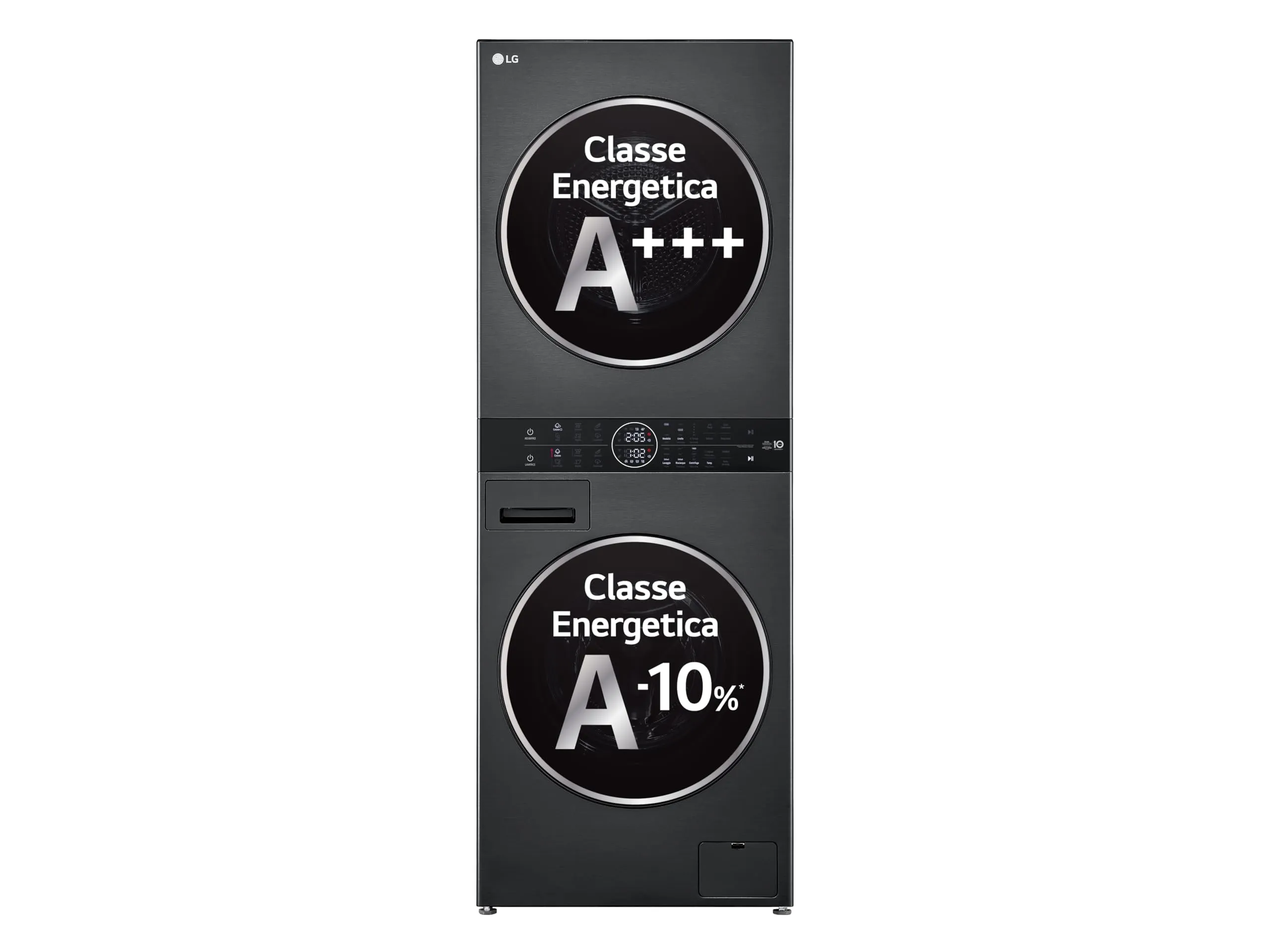LG WashTower WT1210BBF Colonna Bucato Unificata, Lavatrice Classe A -10% 12 kg e Asciugatrice Classe A+++ 10kg, Pannello Unico, TurboWash360, Lavaggio a vapore, Pompa di calore, Wi-Fi, Nera