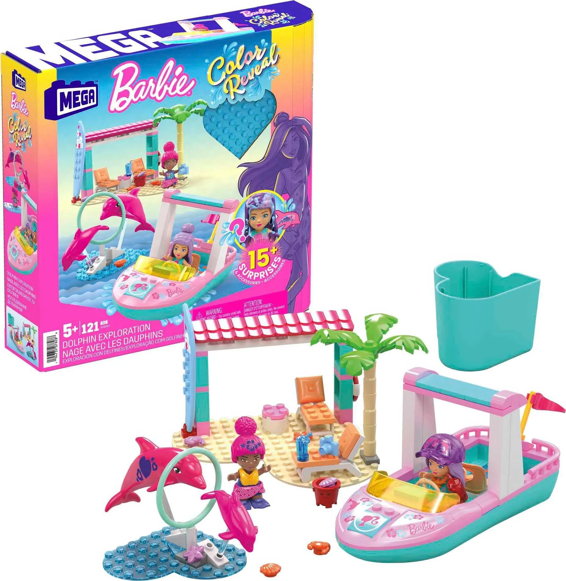 MEGA - MEGA Barbie Color Reveal Amici Delfini, Set di Costruzioni con oltre 10 Sorprese, 2 mini Bambole e 2 Delfini, Set Regalo, Giocattolo per Bambini 5+ Anni, HHW83