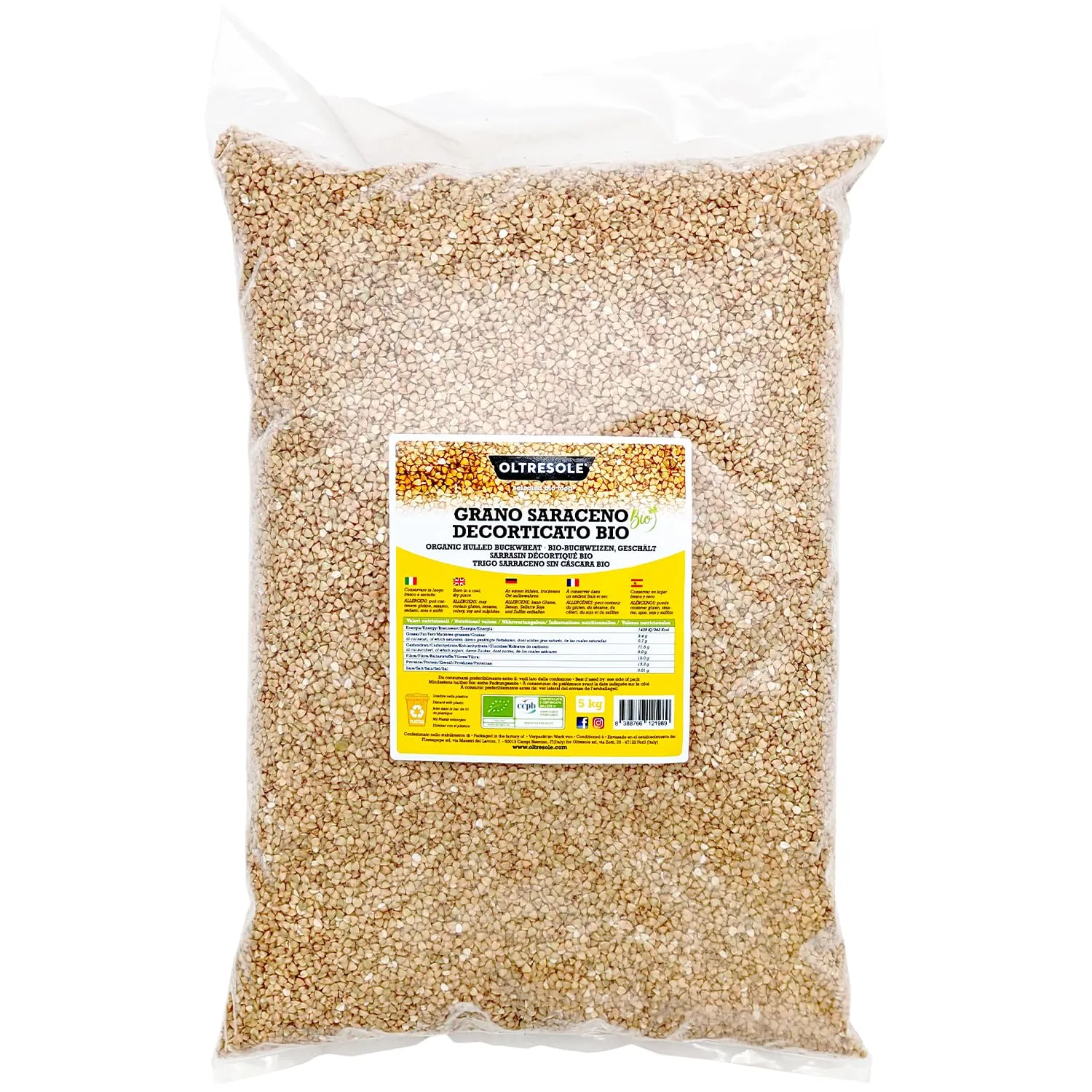 Oltresole, Grano Saraceno Decorticato Biologico 5 Kg, Cereale Crudo Non Trattato Termicamente, da Coltivazione Biologica, Formato Convenienza