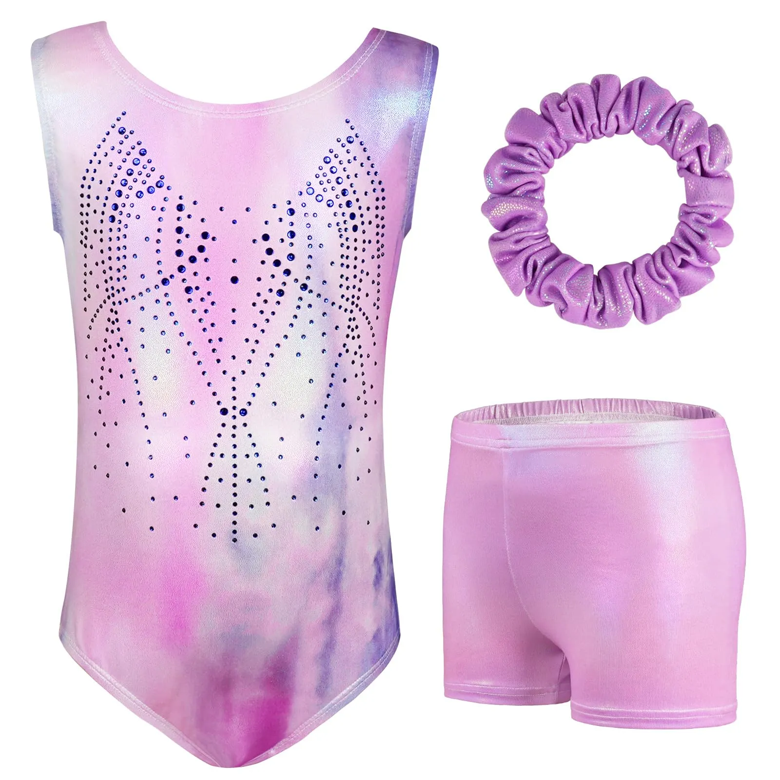 AOOWU Set Ginnastica 3 Pezzi, Leotard Y-Neck Pantaloncini, Danza Gradient Colour Sparkle Manica Lunga/Senza Maniche