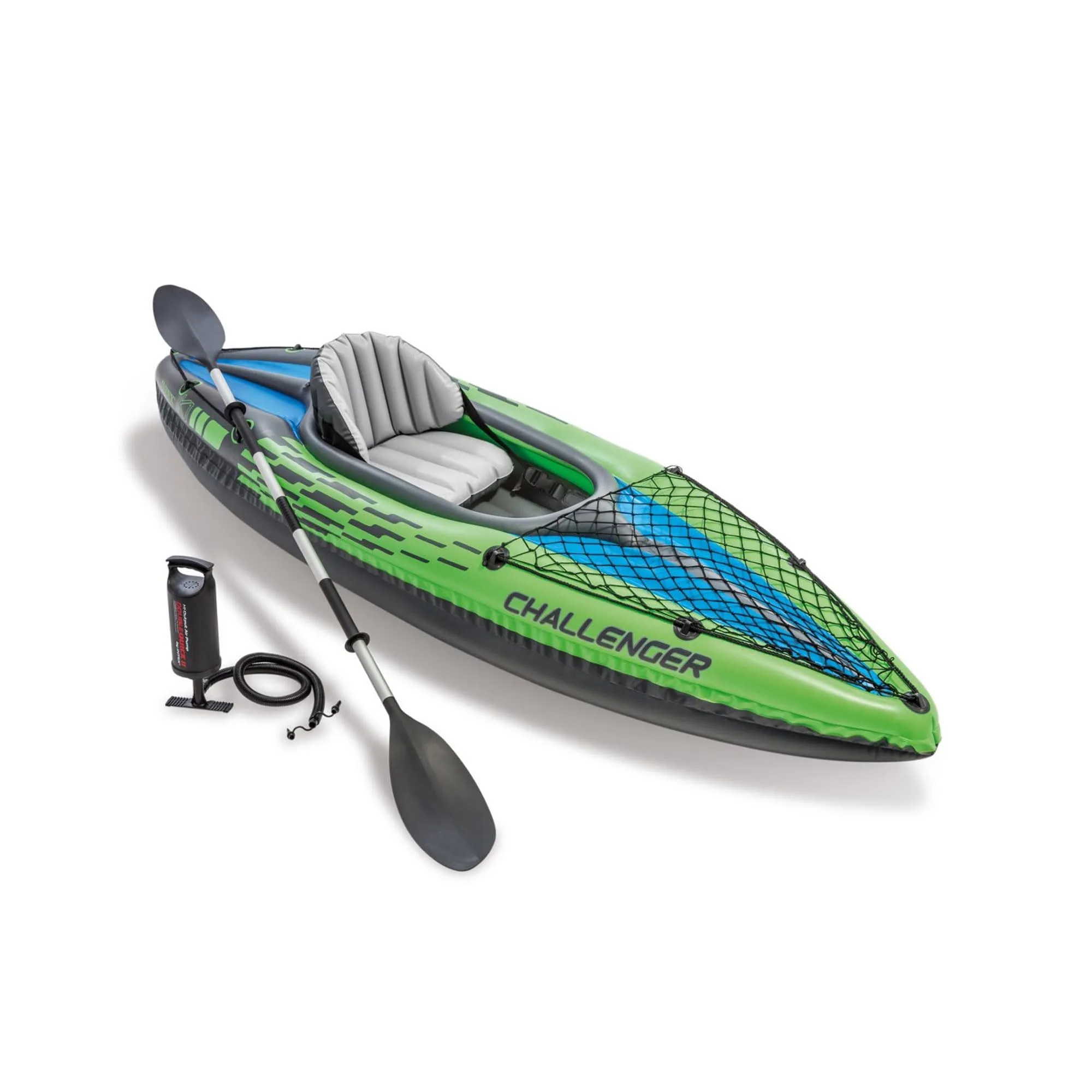 Intex Challenger K1 Kayak 1 Man Inflatable Canoe with Aluminum Oars and Hand Pump, Green/Blue