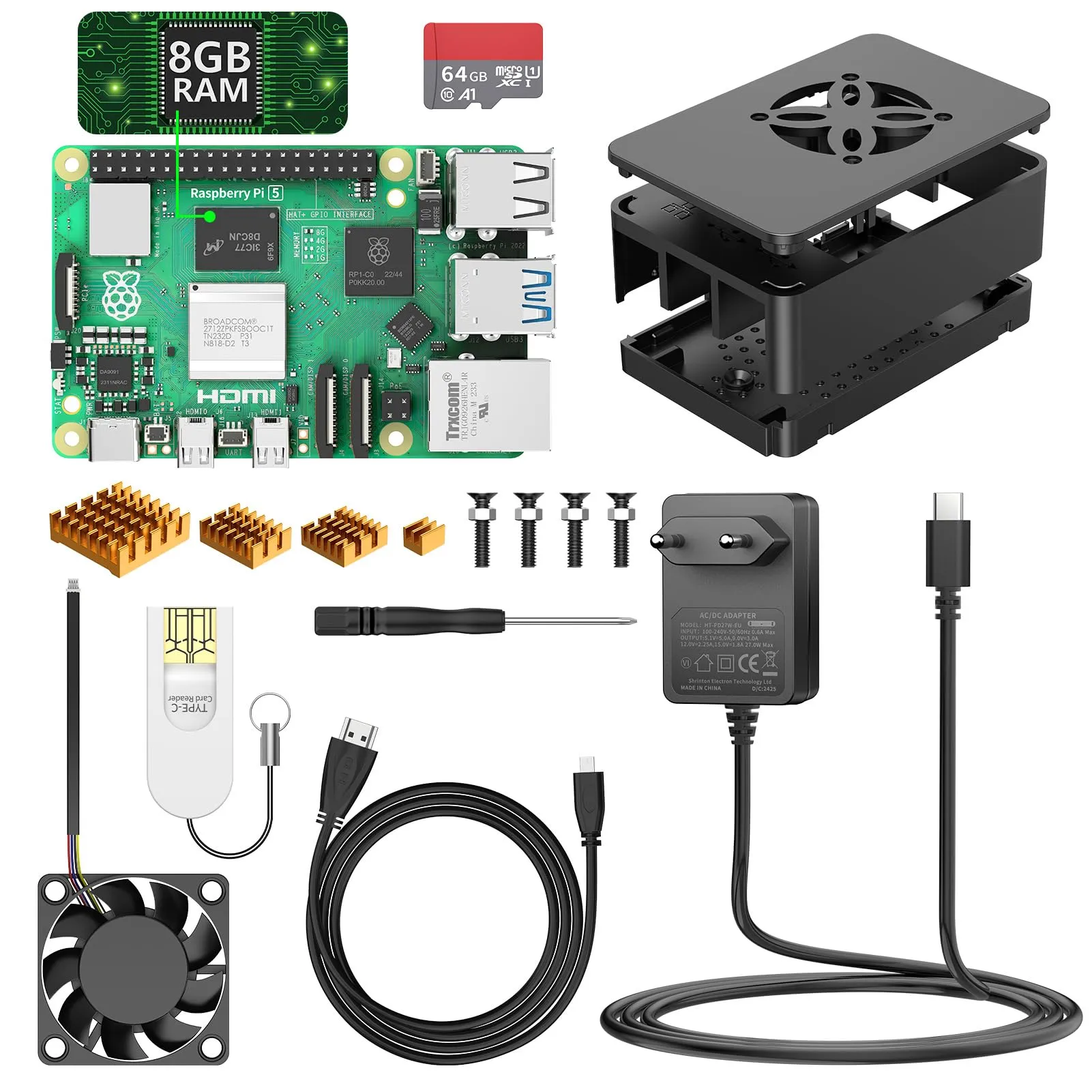 Raspberry Pi 5 8GB Quad-Core ARM-A76-64 Bits con 64GB Scheda SD, Starter Kit con Alimentatore 5.1V 5A 27W, Cavo Micro HDMI, Ventola, Dissipatore di Calore, Raspberry Pi 4 3 Aggiornato Barebone
