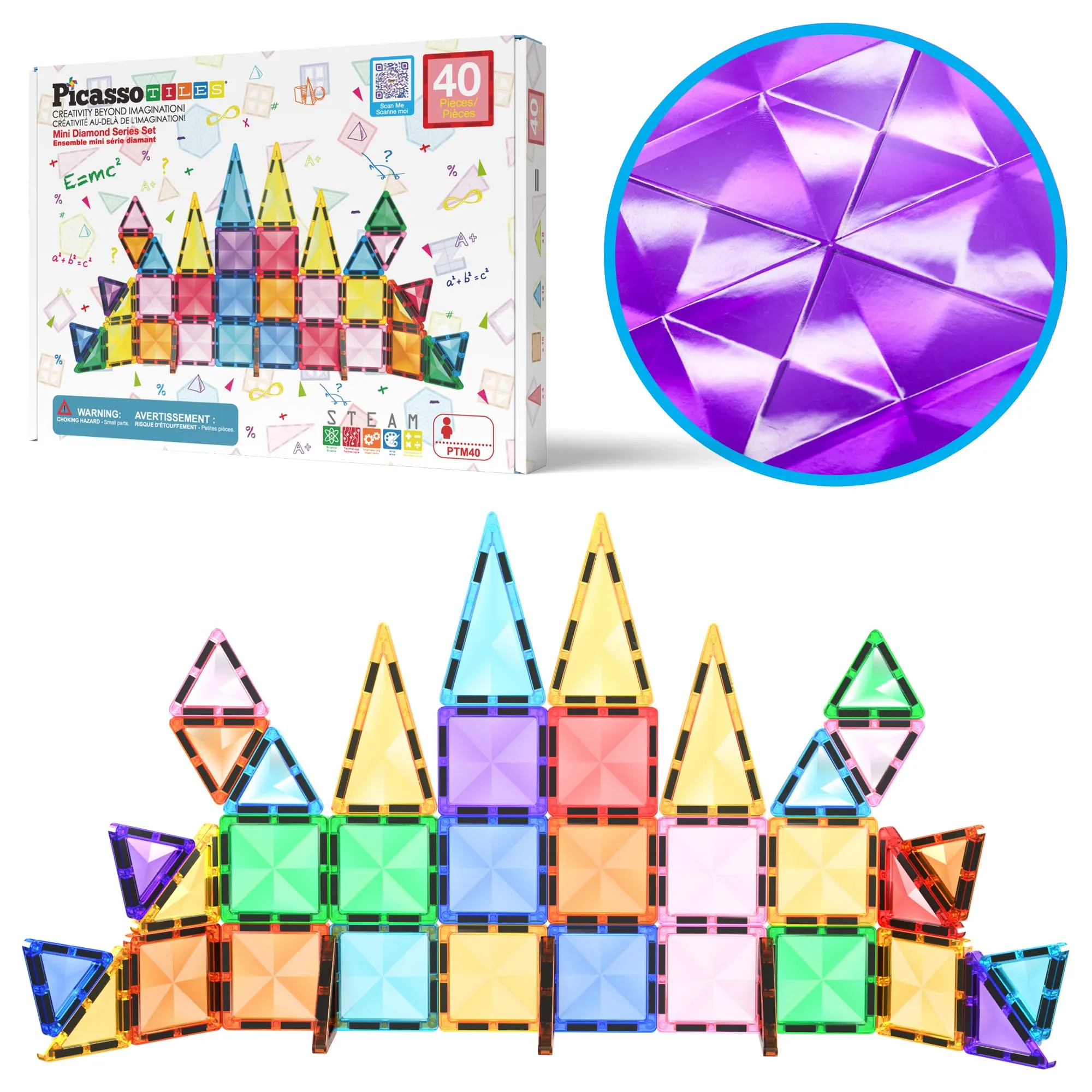 PicassoTiles 60 pezzi Blocco da costruzione magnetico Mini serie di diamanti Formato da viaggio Set di giocattoli da costruzione magnetici On-The-Go Kit di apprendimento STEM Kit da gioco educativo