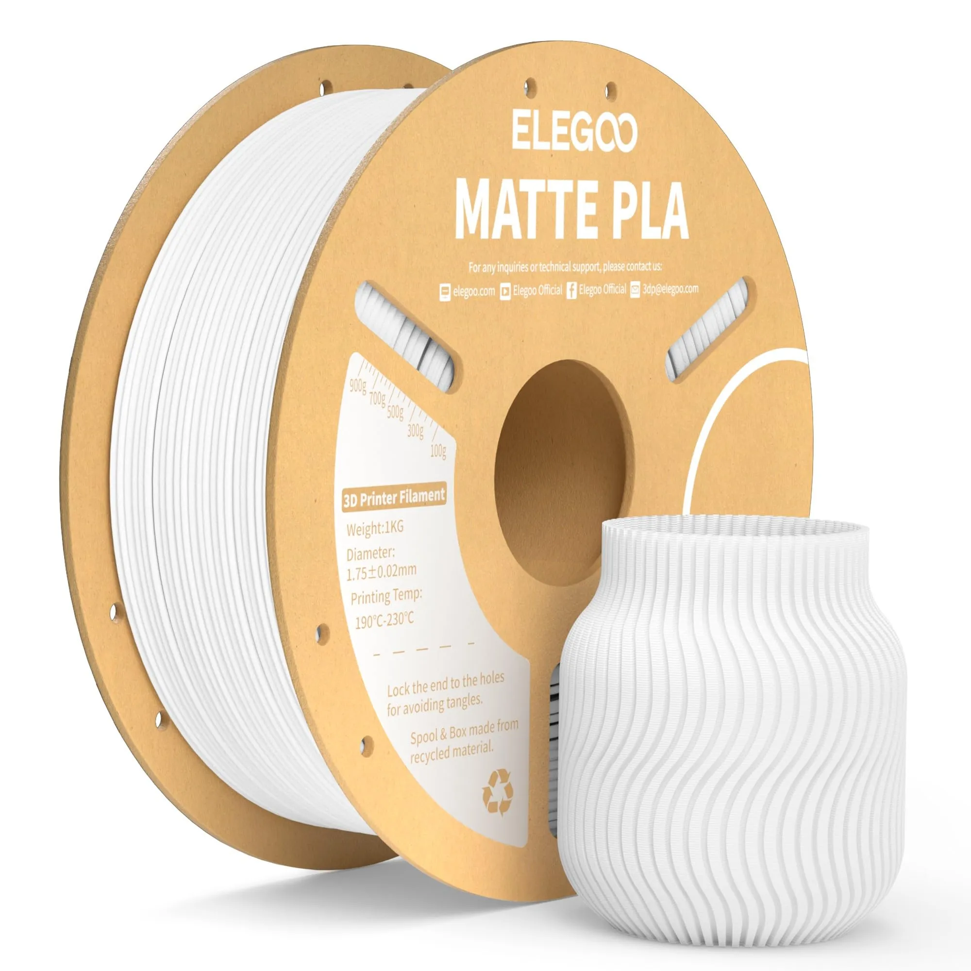 ELEGOO Filamento PLA Matte Bianco 1 kg, 1,75 mm, Opaco PLA Filamento per Stampante 3D, precisione di misurazione +/- 0,02 mm, adatto per maggior parte delle stampanti 3D FDM