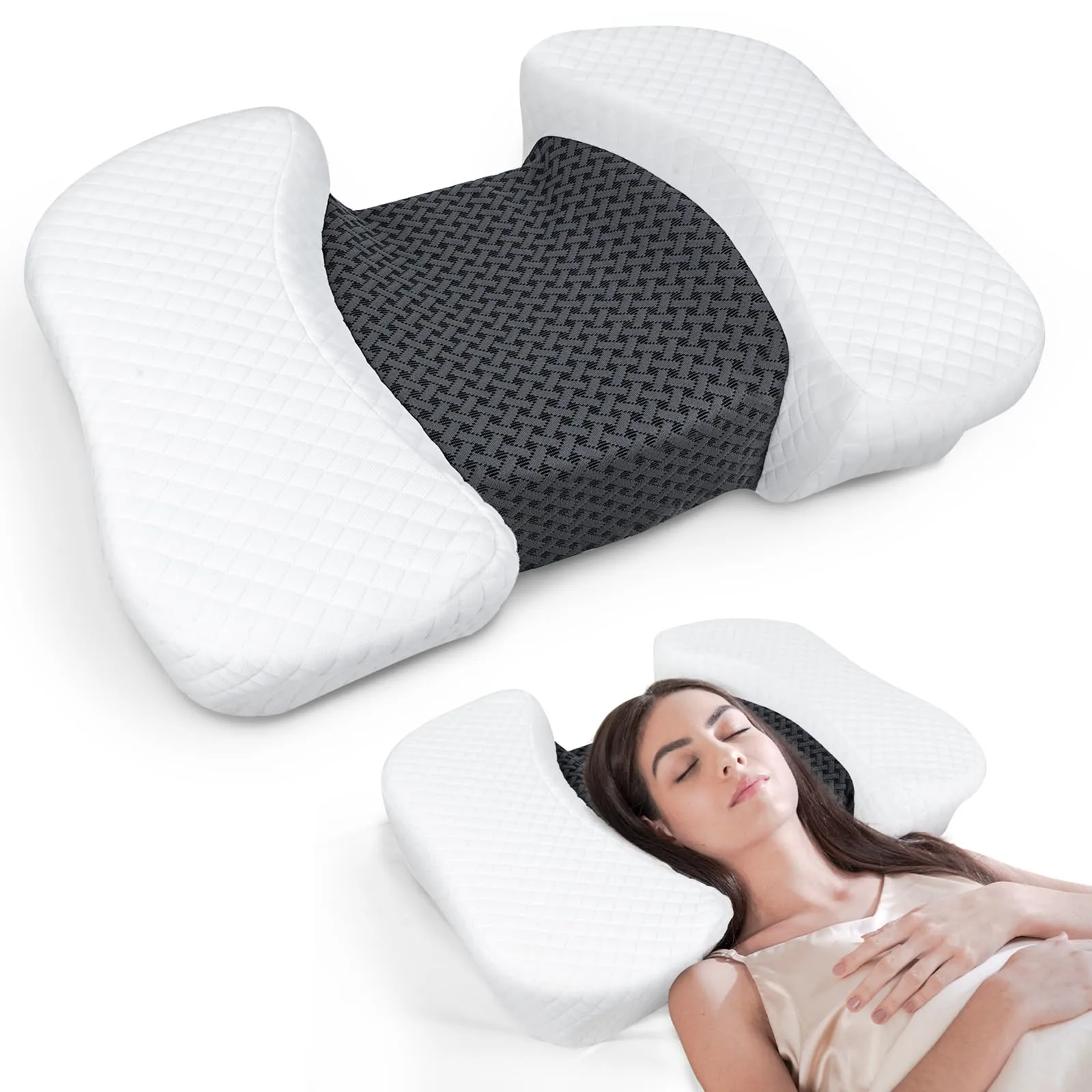 HOMCA Cuscino per Dormire Sulla Schiena, Cuscino di Bellezza Anti-invecchiamento, Antiacne e Anticrespo, Cuscino Cervicale in Memory Foam, Federa Rimovibile e Lavabile, Nero
