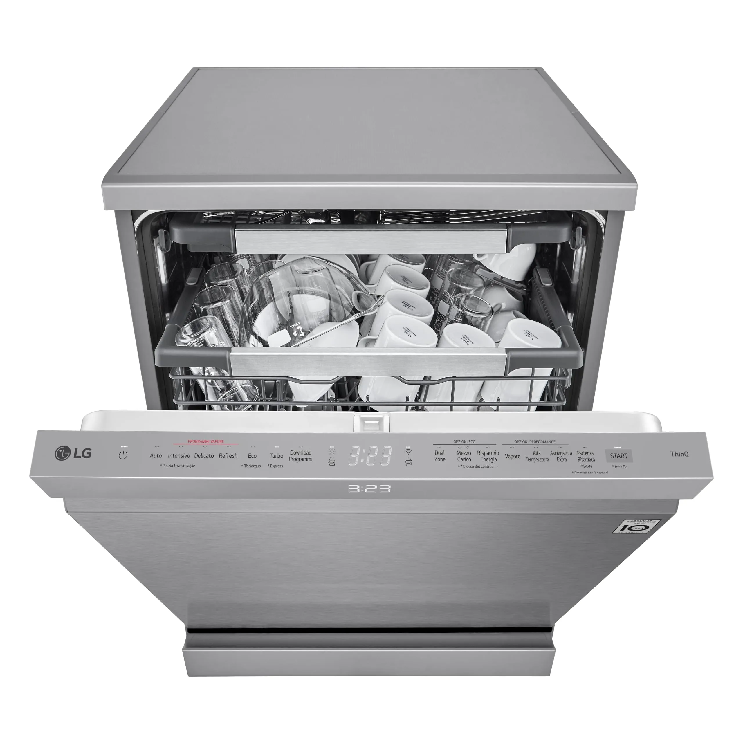 LG DF587HVS Lavastoviglie Libera Installazione Classe A -10%, 14 Coperti, Lavaggio a Vapore TrueSteam, LED Esterno, Sistema QuadWash, 4 Bracci Irroratori, Serie 5, Auto-Apertura, 43dB, Wi-Fi, Grigia