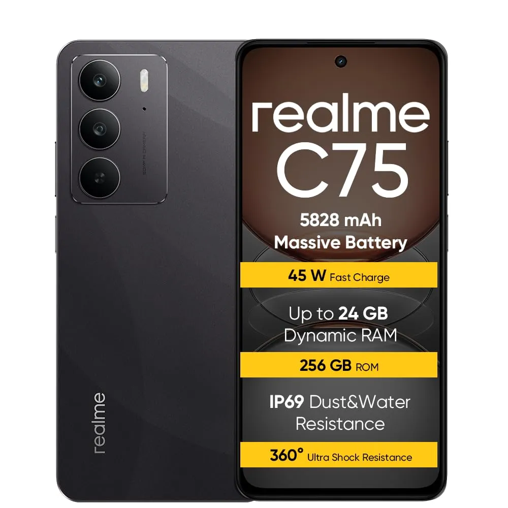 realme C75 Smartphone 8+256 GB, IP69,Batteria da 5828 mAh,Vetro ArmorShell™2,Fotocamera super nitida da 50 MP,Ricarica rapida da 45W, Black(nessun adattatore)