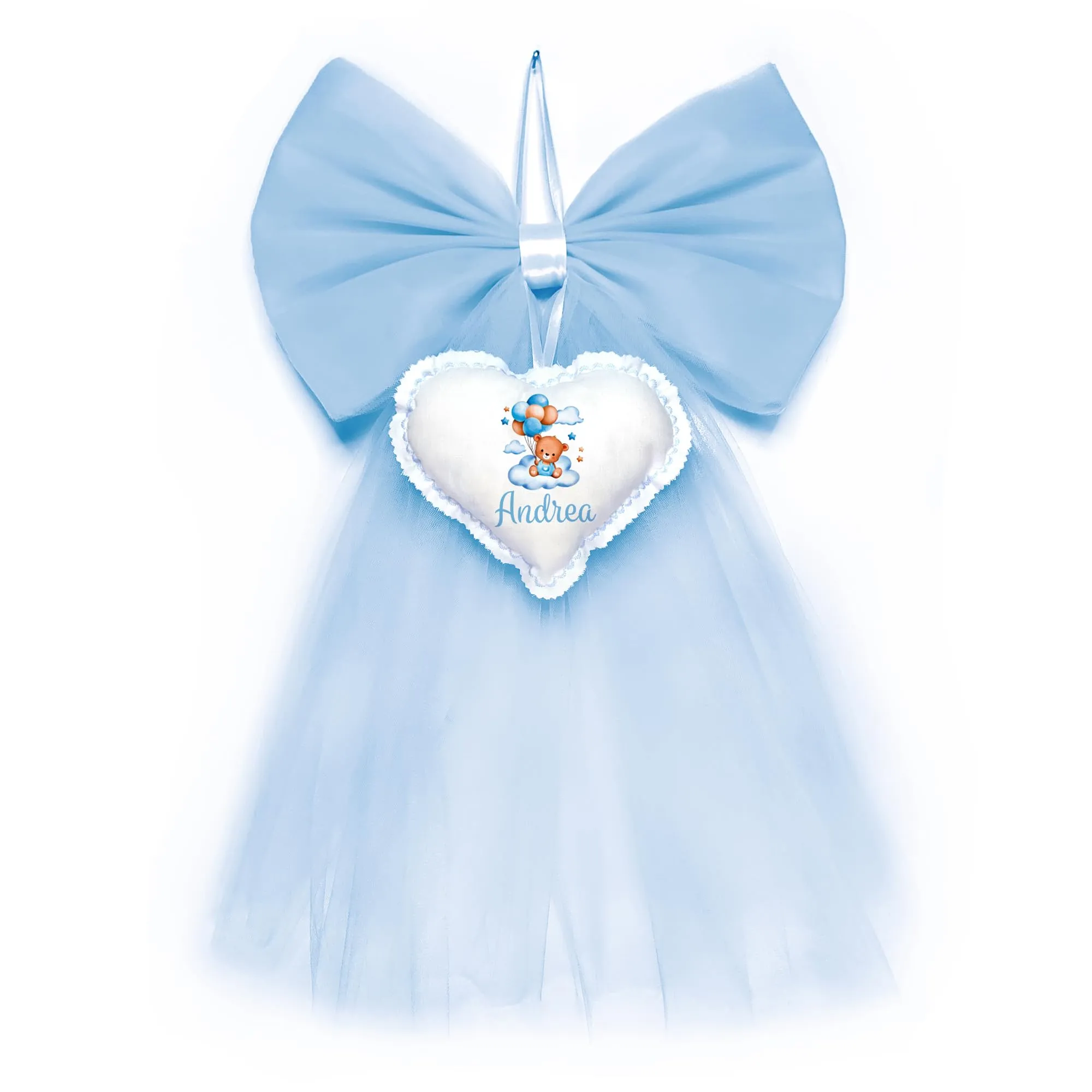 Crociedelizie, fiocco nascita cuore orsetto palloncini bimbo in tulle azzurro orsetto nome personalizzato elegante semplice coccarda fuori porta