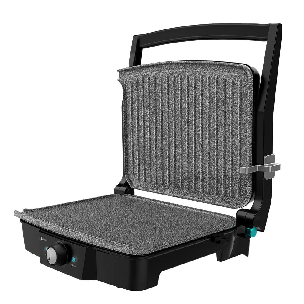 Cecotec Piastra e Griglia elettrica Rock'nGrill 2000 Stone Ceramic Mix&Grill. 2000 W, Grill, Griglia, Ferro e Sandwichera, Rivestimento Ceramico, Superfie Misto Apertura 180°, Scatola Raccolta, Inox