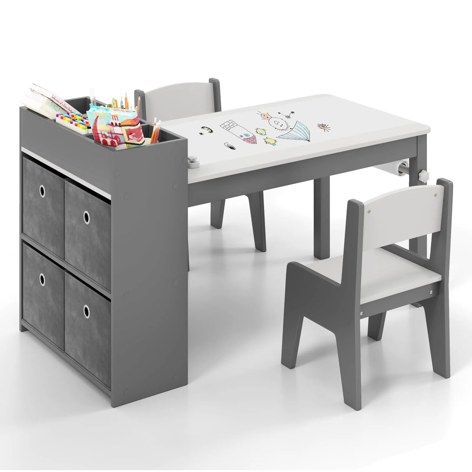 COSTWAY 3 in 1 Set Tavola d’Arte e 2 Sedie per Bambini, Tavolo in Legno con Rotolo di Carta per Disegnare, Mobile Montessori per Cameretta con Ripiani e 4 Cassetti in Tessuto Salvaspazio (Grigio)