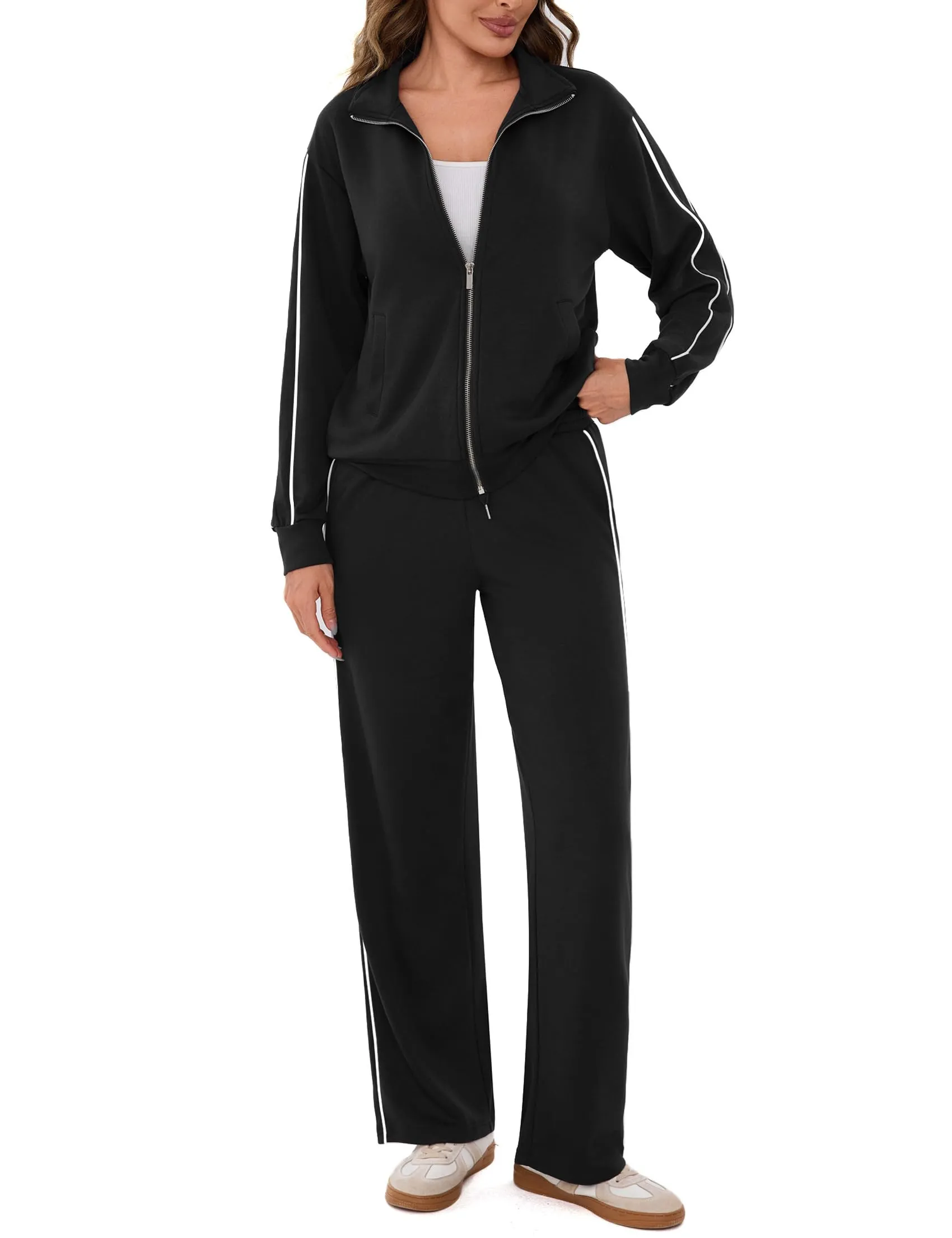 Terecey Tuta Donna Completa Sportiva Leggero Maniche Lunghe Cerniera Linea Colore Contrasto Autunno Invernale Tute Ginnastica Casual Autunno Invernale Sportivi Abbigliamento Nero L