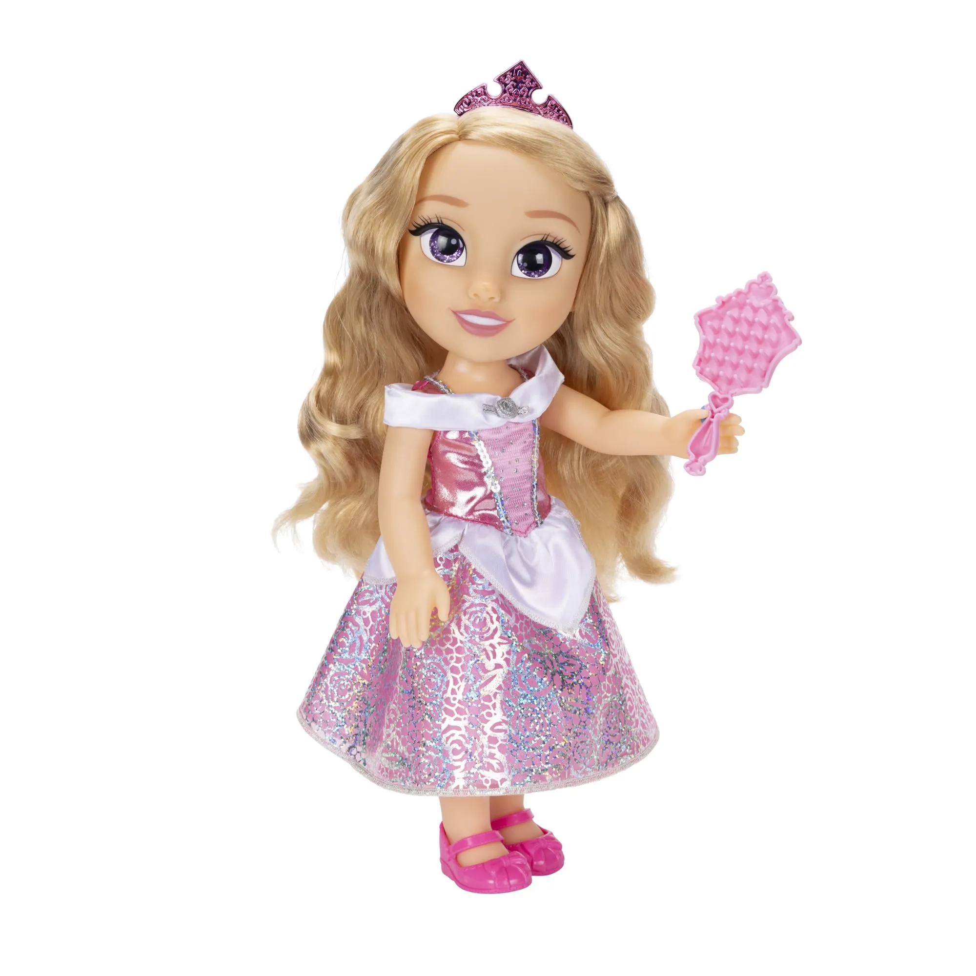 Disney Princess – bambola 38 cm di Aurora, con i suoi abiti iconici arricchiti da dettagli glitterati, tiara scintillante e scarpette coordinate, i suoi occhi brillano