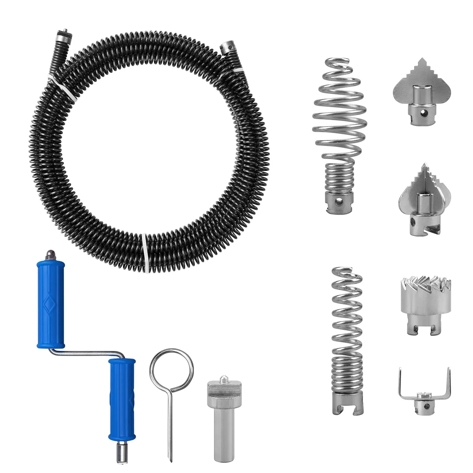 Sonda Sturatubi 5 metri di spirale, diametro 12 mm, con 6 pezzi di testa di taglio per la pulizia dei tubi e 1 adattatore manuale e 1 adattatore elettrico, Sonda Stura Lavandini e Scarichi in acciaio