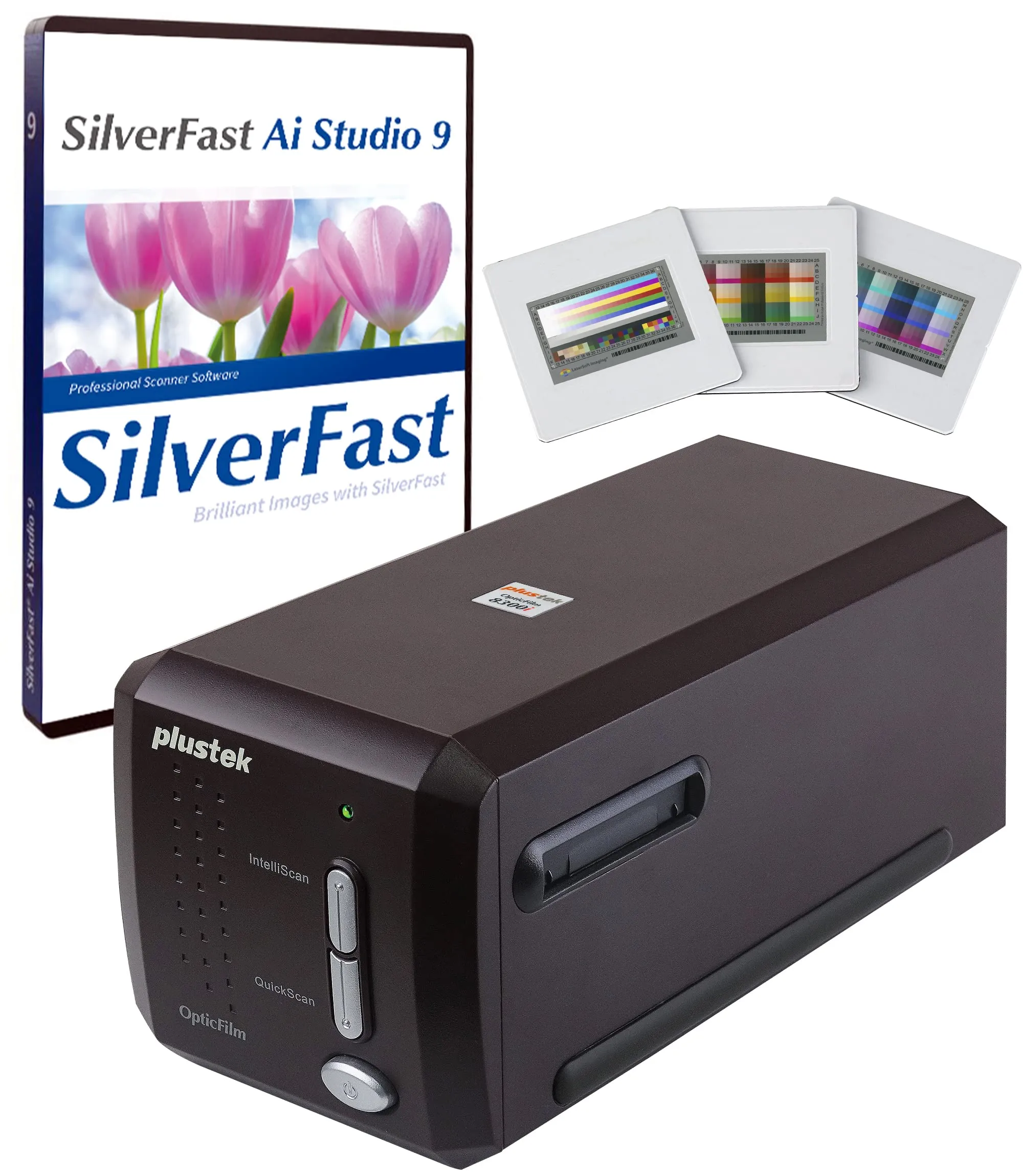 Plustek OpticFilm 8300i Ai Film Scanner – Converte 35 mm Film & Slide in Digital, Bundle SilverFast Ai Studio 9 + QuickScan Plus, include obiettivo di calibrazione IT8 avanzato (3 diapositive)