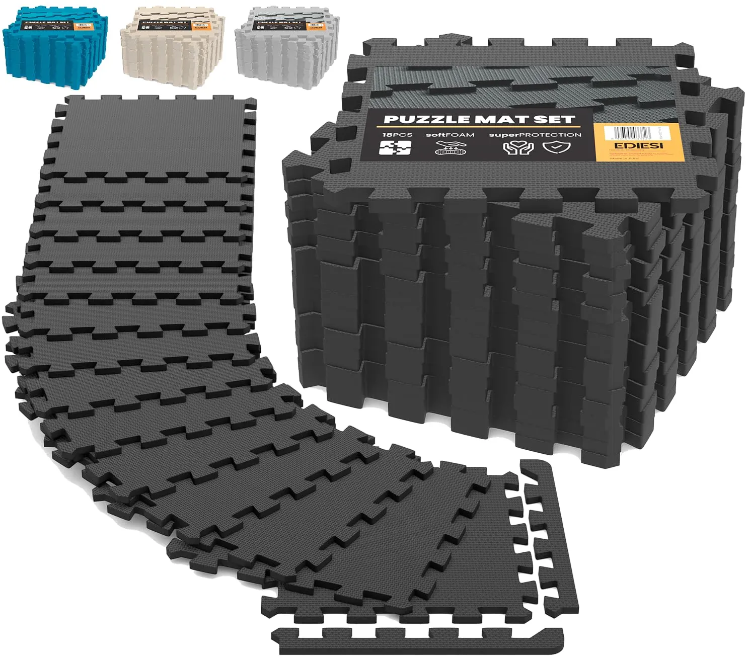 Ediesi, Tappeto Palestra, Tatami, Pavimento Gommato Palestra, Home Gym, Atrezi Palestra Casa, Tappeto per Piscina Fuori Terra, Puzzle (18 Unità / 30x30x1 cm/Nero)