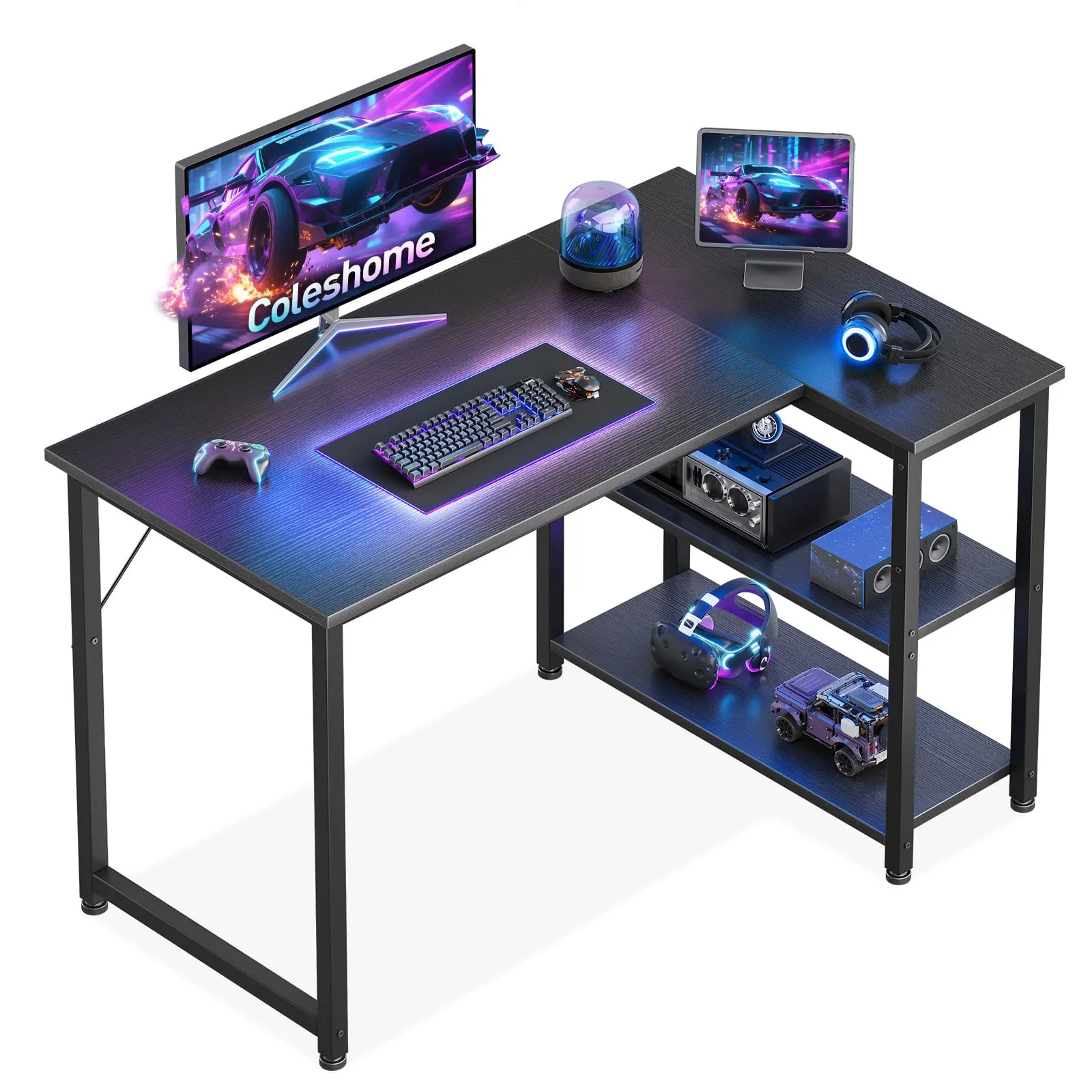 Coleshome Scrivania Gaming, 100x70cm Scrivania Angolare con Ripiano Portaoggetti Reversibile, Scrivanie a L Salvaspazio, Adatta come Scrivanie Computer Negli Angoli della Casa, Nero