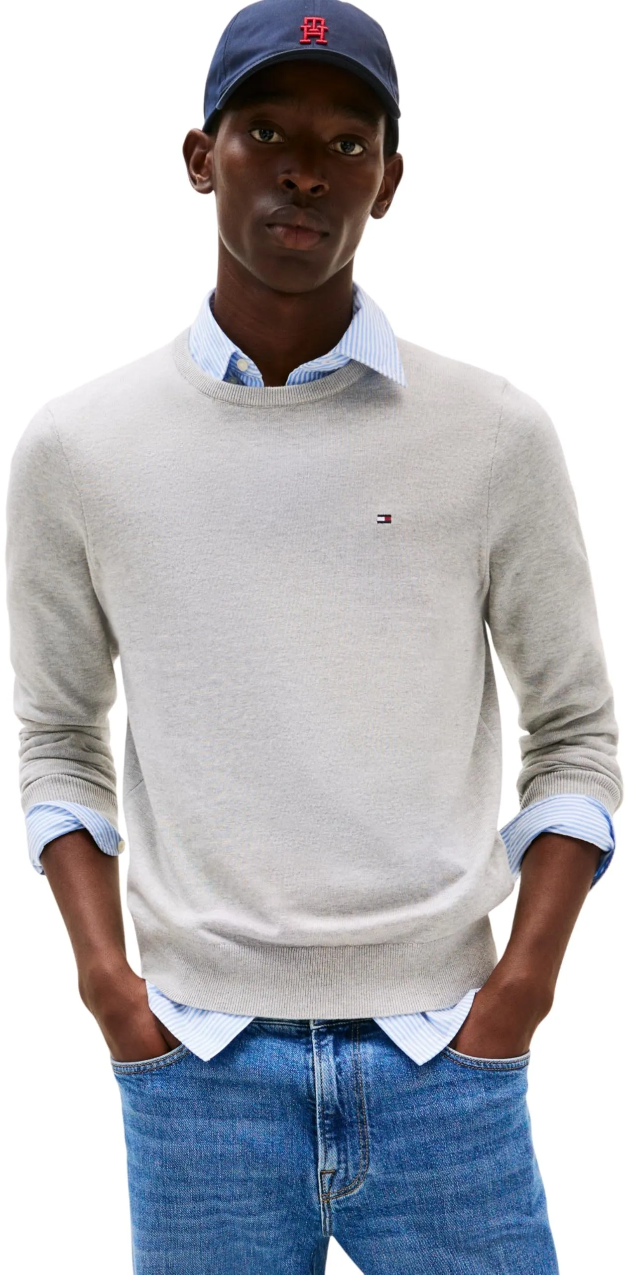 Tommy Hilfiger Uomo Pullover Essential Cotton con Scollo Rotondo, Grigio (Light Grey Heather), L