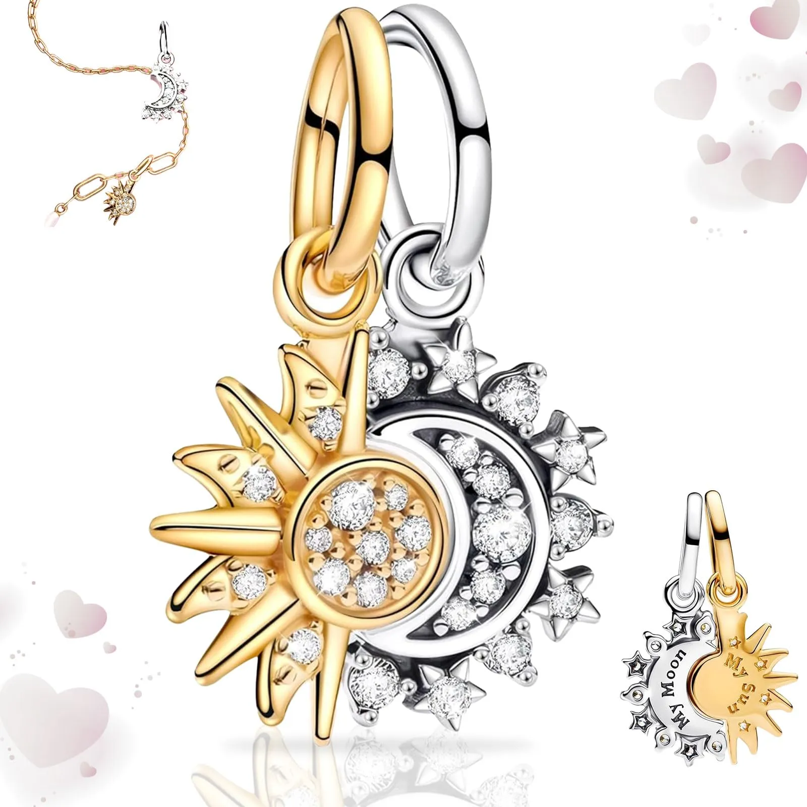 SoundZero Pandora charm originali, Argento 925 Donna Ciondolo Charm, Regalo in vero argento Sterling 925 Anniversario Festa, Charms Compatibile con Bracciali Collane Europei, Charm Sole Luna Ciondoli