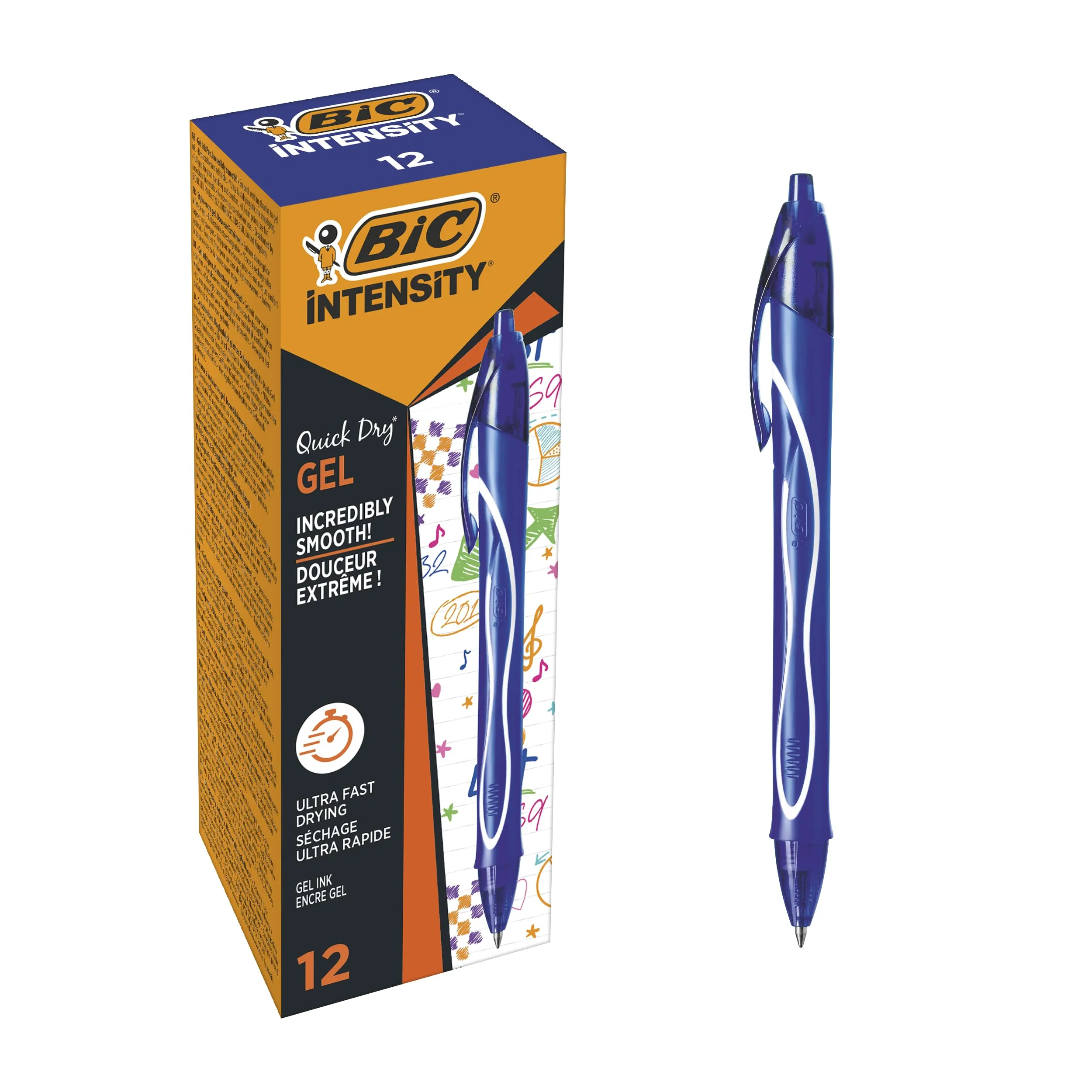 BIC Intensity Quick Dry, Penne Gel Blu, Punta Media 0,7mm, Inchiostro Scorrevole e Asciugatura Ultra-Rapida, 12 Unità, Penne Bic Blu, Cancelleria Scuola e Ufficio