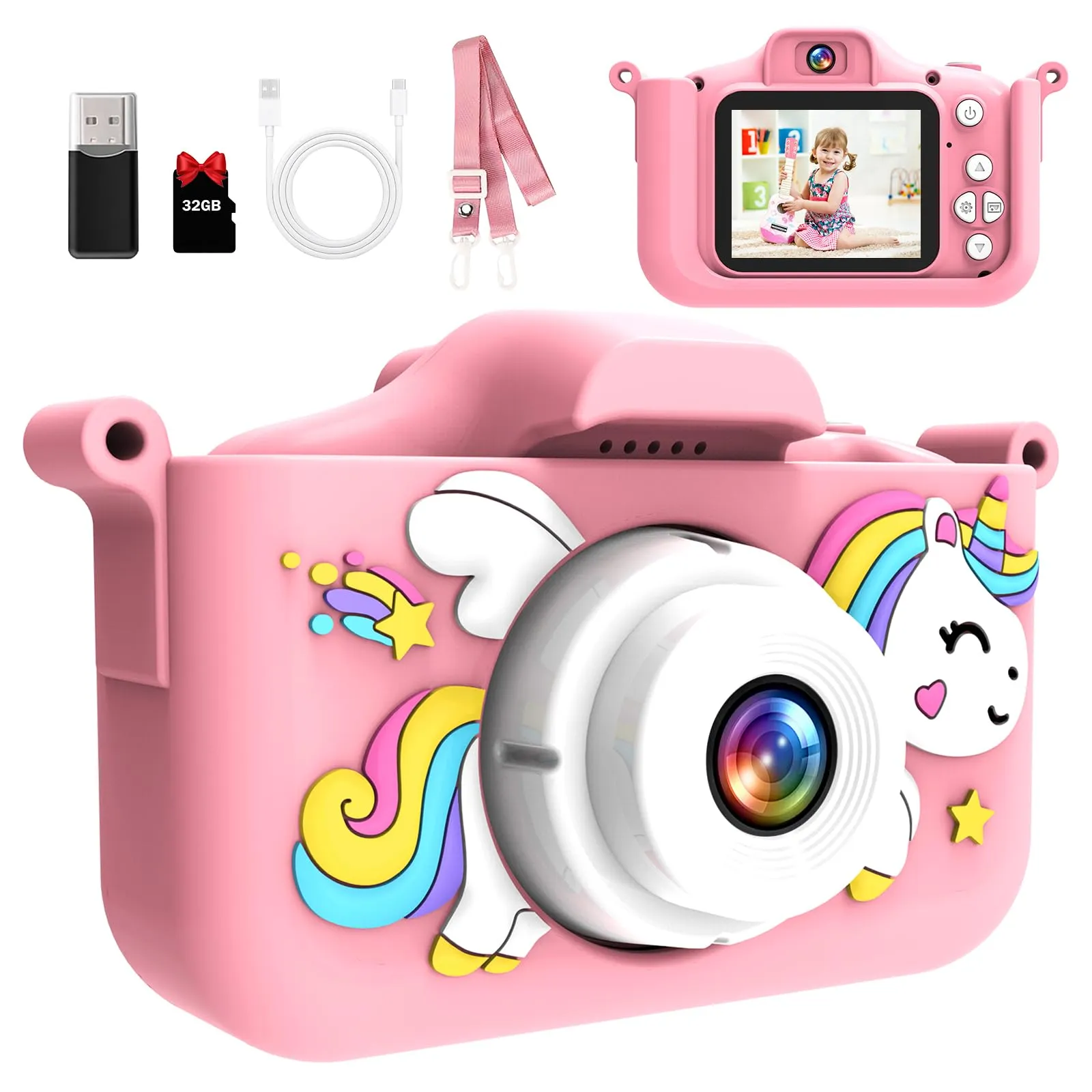 MYSTILUCK Macchina Fotografica Bambini, con 32 GB Schede e Lettore di Schede USB, Fotocamera Giocattoli per Bambini, Regali di Natale e Compleanno per Bambini dai 3 ai 12 Anni