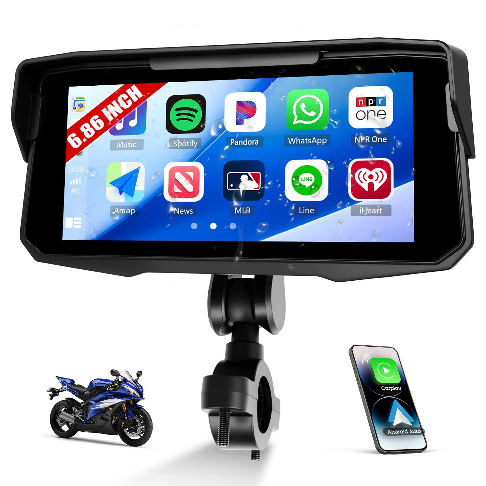 [2025] CAMECHO Senza Fili Carplay 6.86 Pollice Moto Schermata con Android Auto IP68 Impermeabile, Touchscreen Navigatore con Bluetooth Airplay Android Cast EQ Suono Ampia Adattabilità +1280 * 480 HD