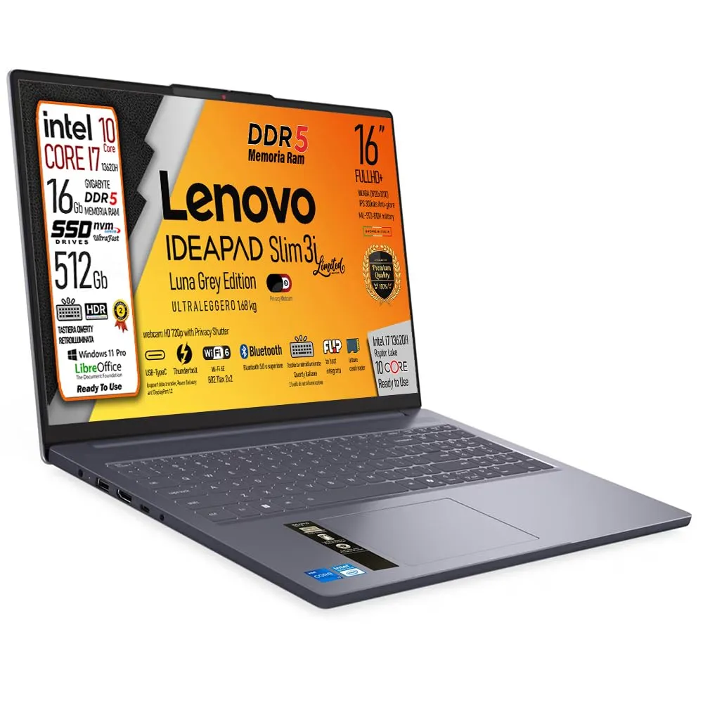 Lenovo, pc portatile Notebook, Intel i7 13620H 10 Core, DDR5 40Gb, Display WUXGA 16" IPS FHD+, SSD 1Tb (2 X 512), Wi-Fi 6, Bt, USB-C Display port, Tastiera retroilluminata, Win11 Pro, Pronto all'Uso