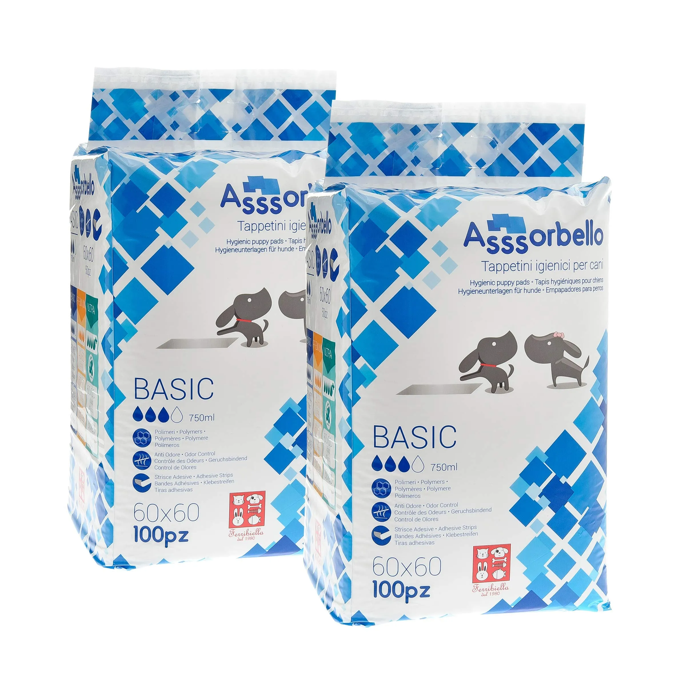 Ferribiella Assorbello BasicTappetini igiene per cane, 2 x 100 pezzi, 60 x 60 cm