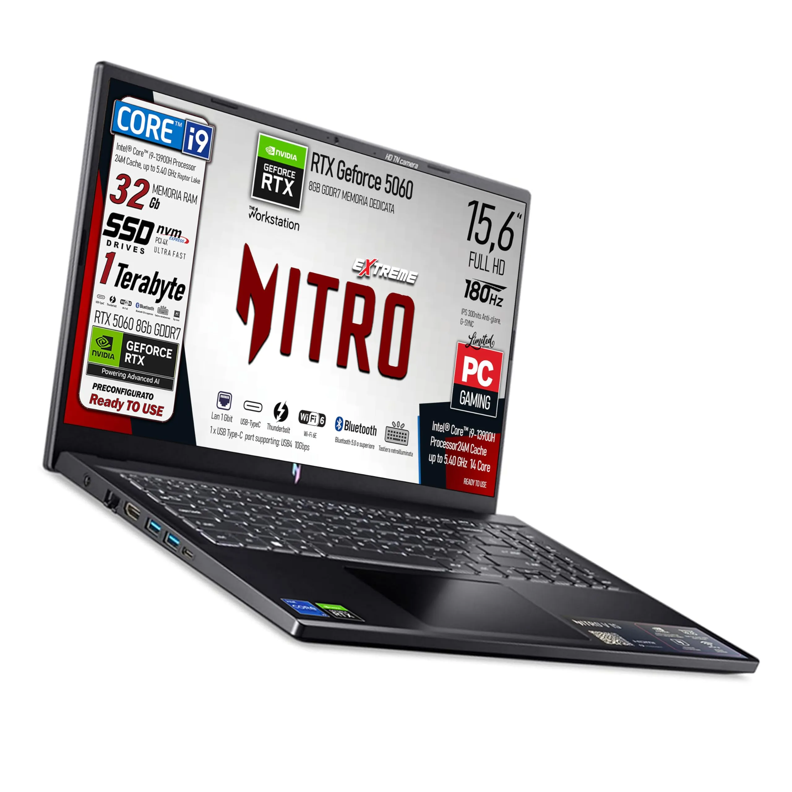 acer Notebook Gaming, Intel Core i9-13900H, RAM 64GBB DDR5 5600MHz, SSD 1Tb(512GB X 2), 15.6" FHD IPS 165Hz, NVIDIA GeForce RTX 4060 8GB GDDR6, Wi-Fi 6, Thunderbolt 4.0, Win 11, ready to use