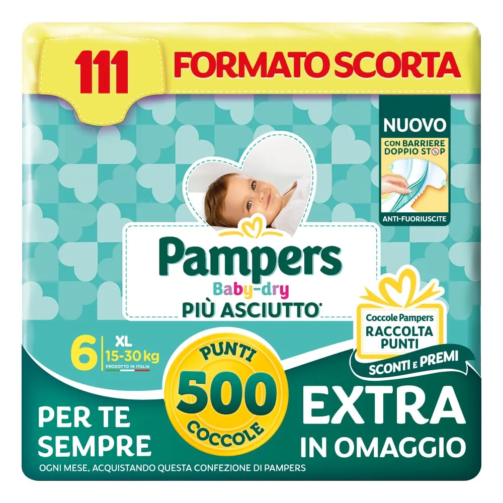 Pampers Baby Dry XL, Taglia 6 (15-30 kg), 111 pannolini, con 500 Punti Coccole extra in omaggio