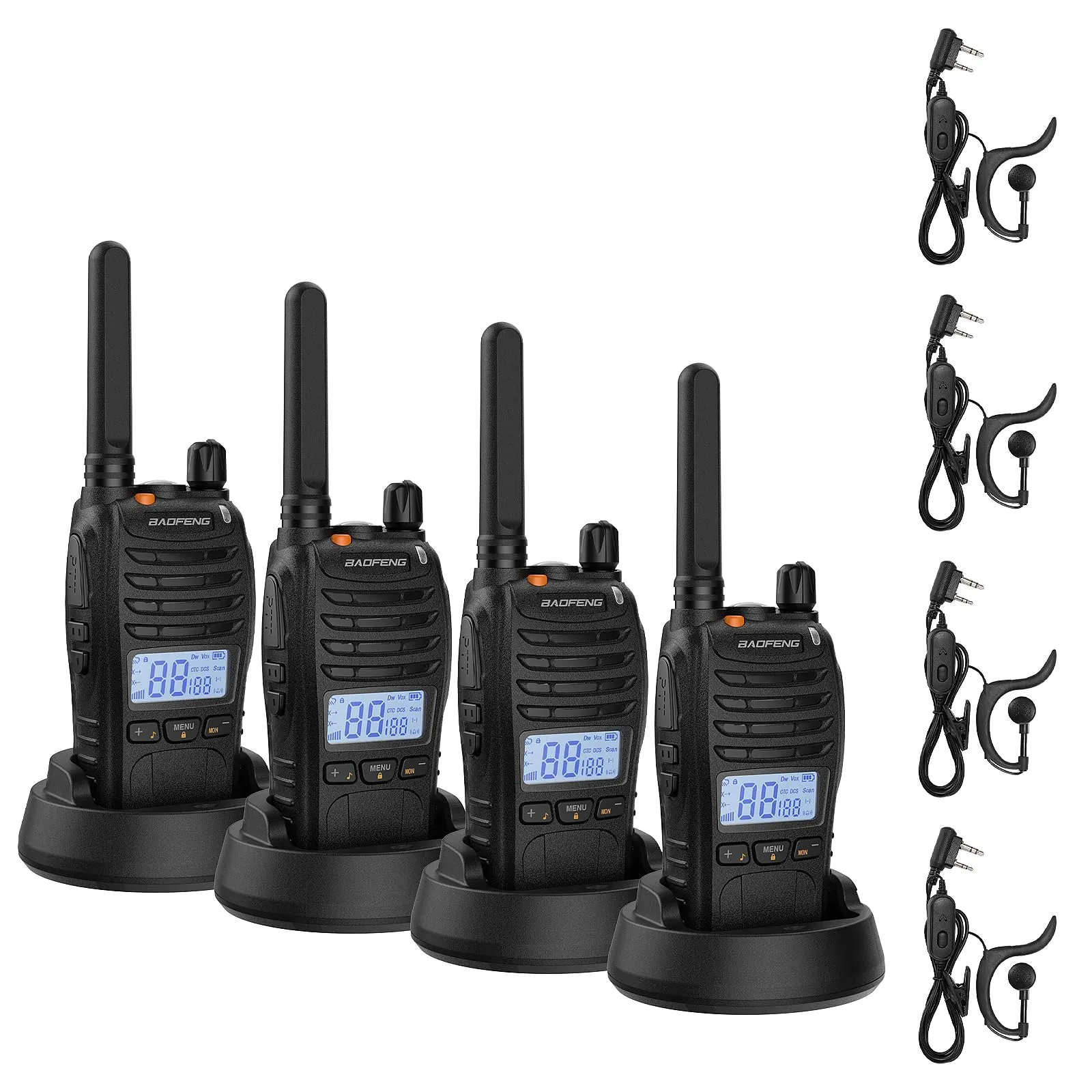 BAOFENG BF-88ST Pro PMR446 Walkie Talkie, Radio Bidirezionali Ricaricabili Senza Licenza a Lungo Raggio Aggiornate con Display LCD, Doppio Orologio VOX, Auricolari, Confezione da 4