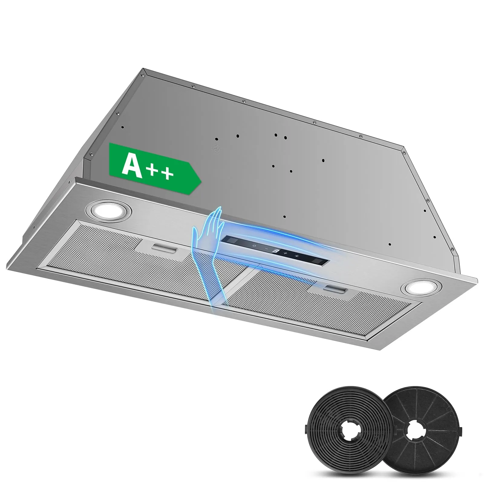 KICHPOWER Cappa da incasso 72 cm, 400 m³/h Cappa da Cucina, 3 Velocità e Funzione Booster, Tocco, Comandi Gesto, Illuminazione a LED, Evacuazione dei condotti e ricircolo con filtro carbone attivo