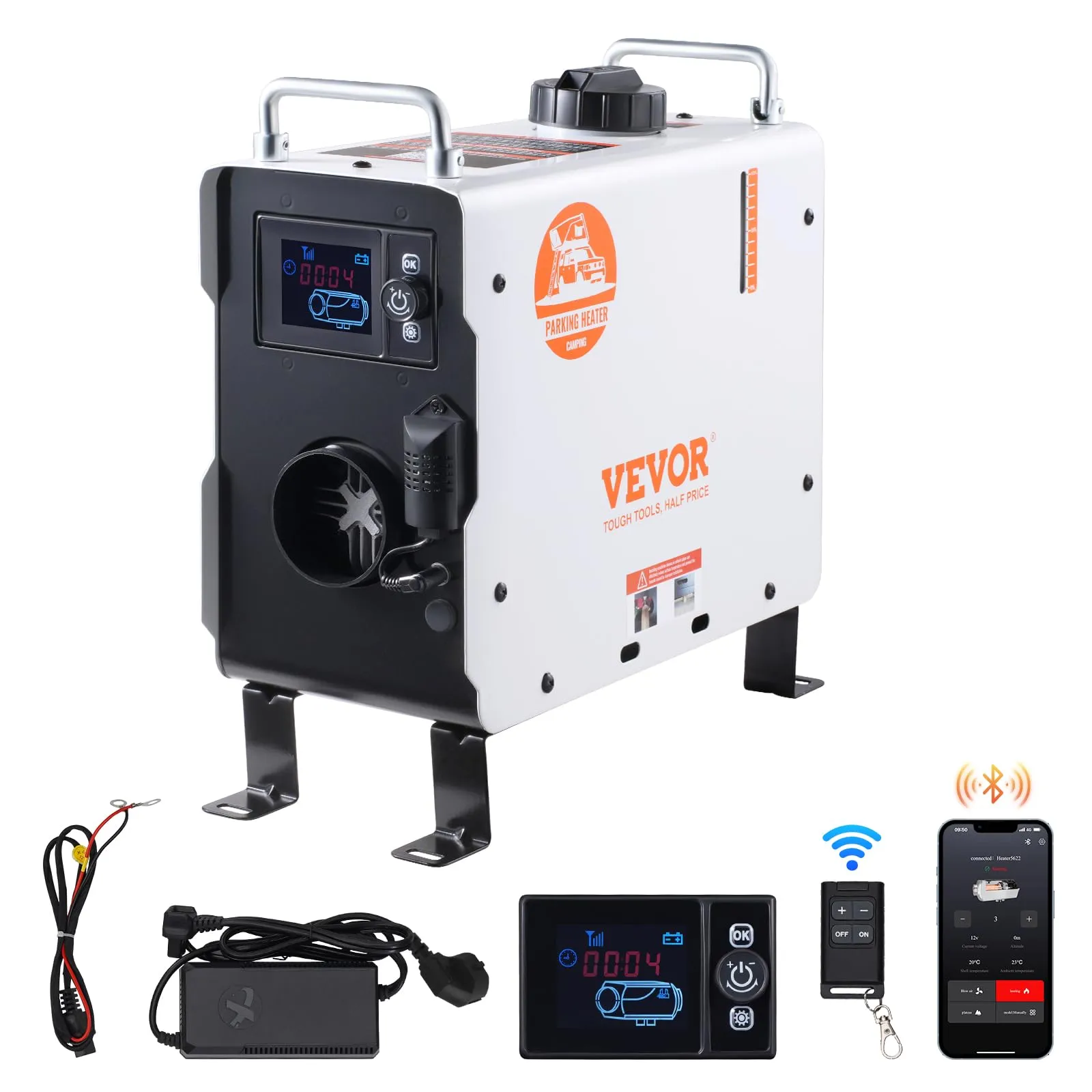 VEVOR Riscaldatore d'Aria Diesel 2 KW, 12V/24V, con Controllo App Bluetooth, Telecomando Schermo di Visualizzazione, Allarme CO, Riscaldatore Diesel Portatile Riscaldamento per Veicoli e Spazi Aperti