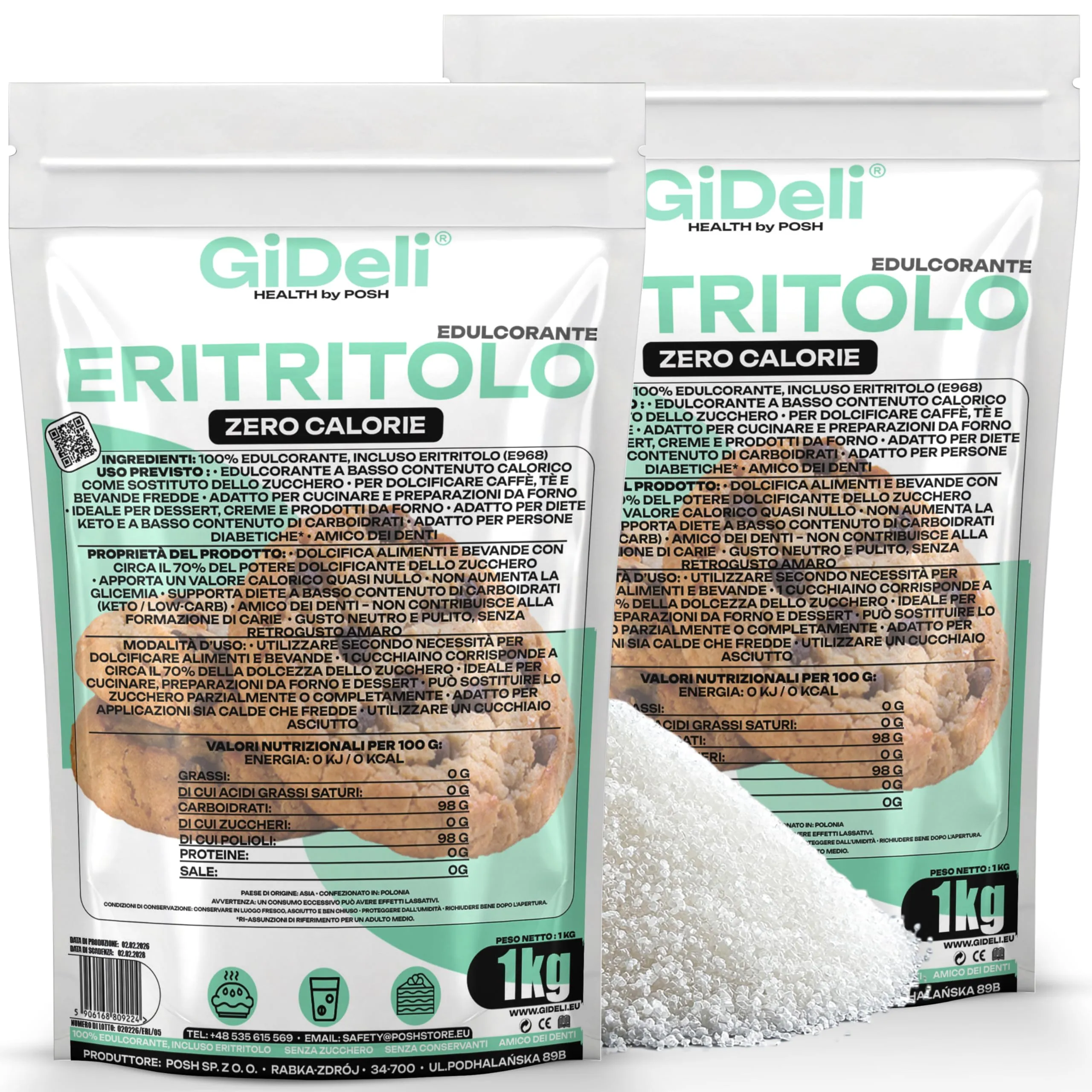 GiDeli eritritolo 2 kg, sostituto dello zucchero semolato privo di calorie, alternativa vegana e amica dei denti