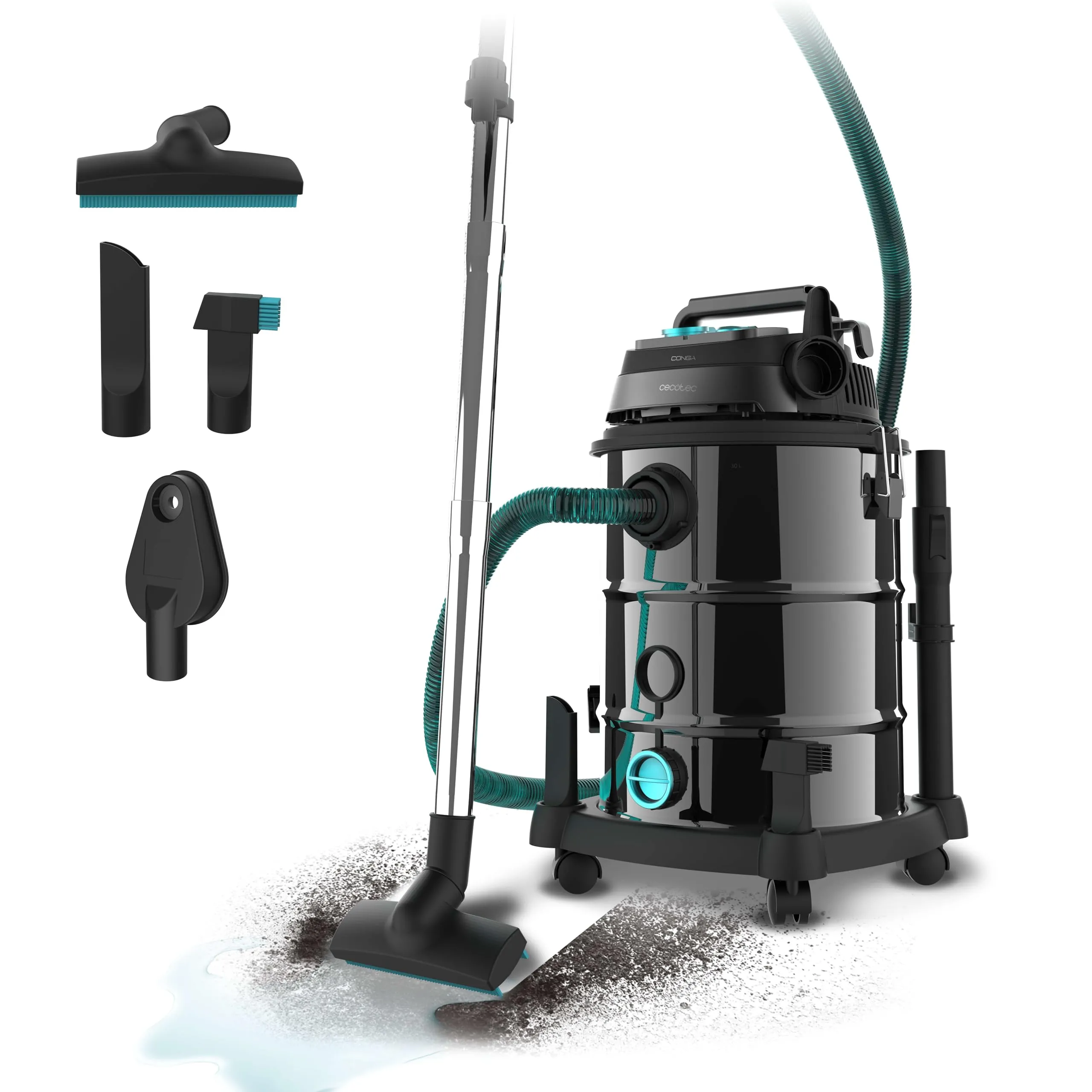 Cecotec Aspiratore per solidi e liquidi 30 L Conga Rockstar Wet & Dry Steel Pro. 1600 W, 23 kPa, Sistema di drenaggio, Aspirapolvere e soffiante, Struttura in metallo, Ruote, Raggio d'azione 5 m