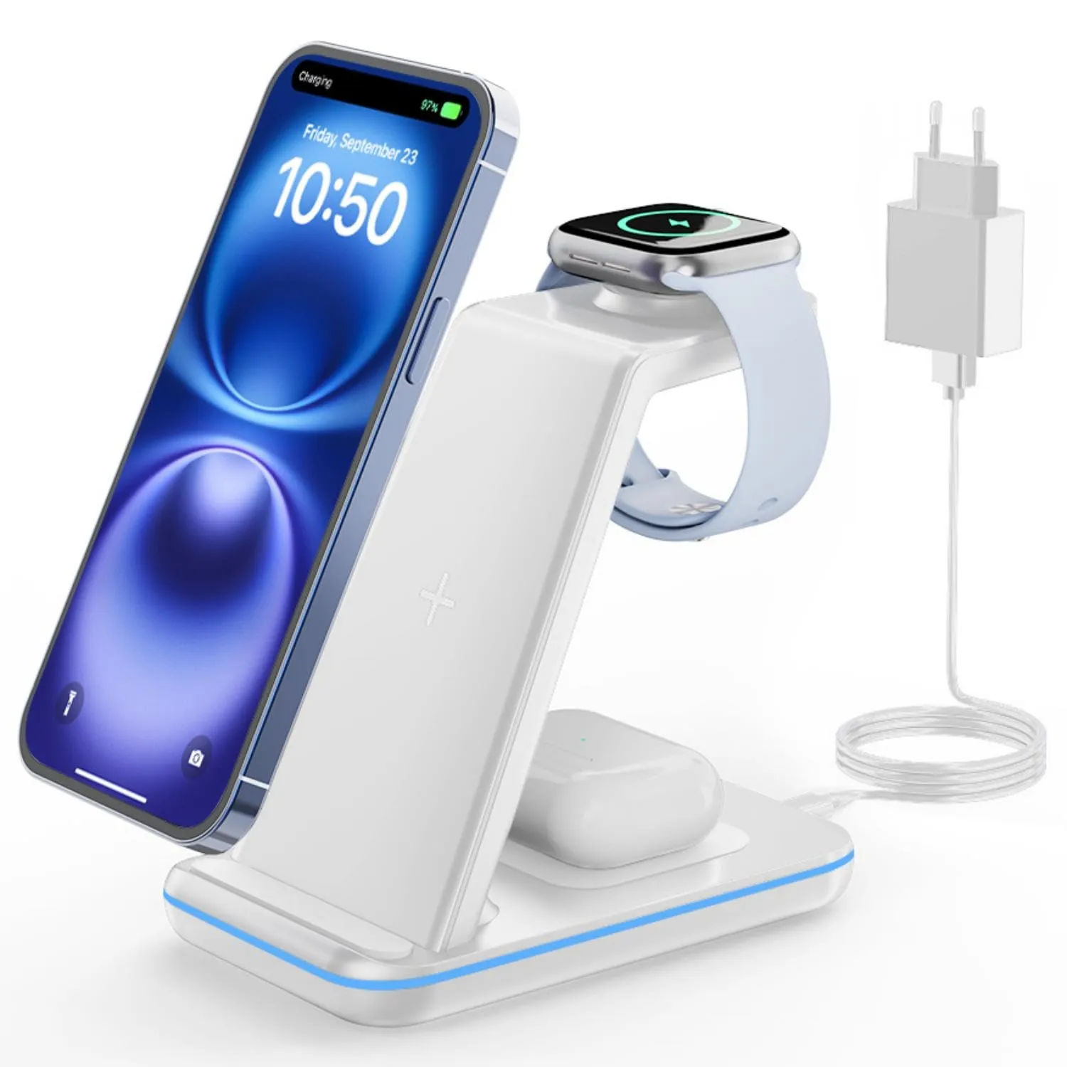 GEEKERA Stazione Ricarica per Apple, Caricatore Wireless per iPhone 16/15/14/13/12/11/X/8/Pro Max, Postazione Ricarica per Apple Watch 10/9/8/7/6/5/4/3/2, Base Ricarica Wireless per AirPods 4~2-Bianco