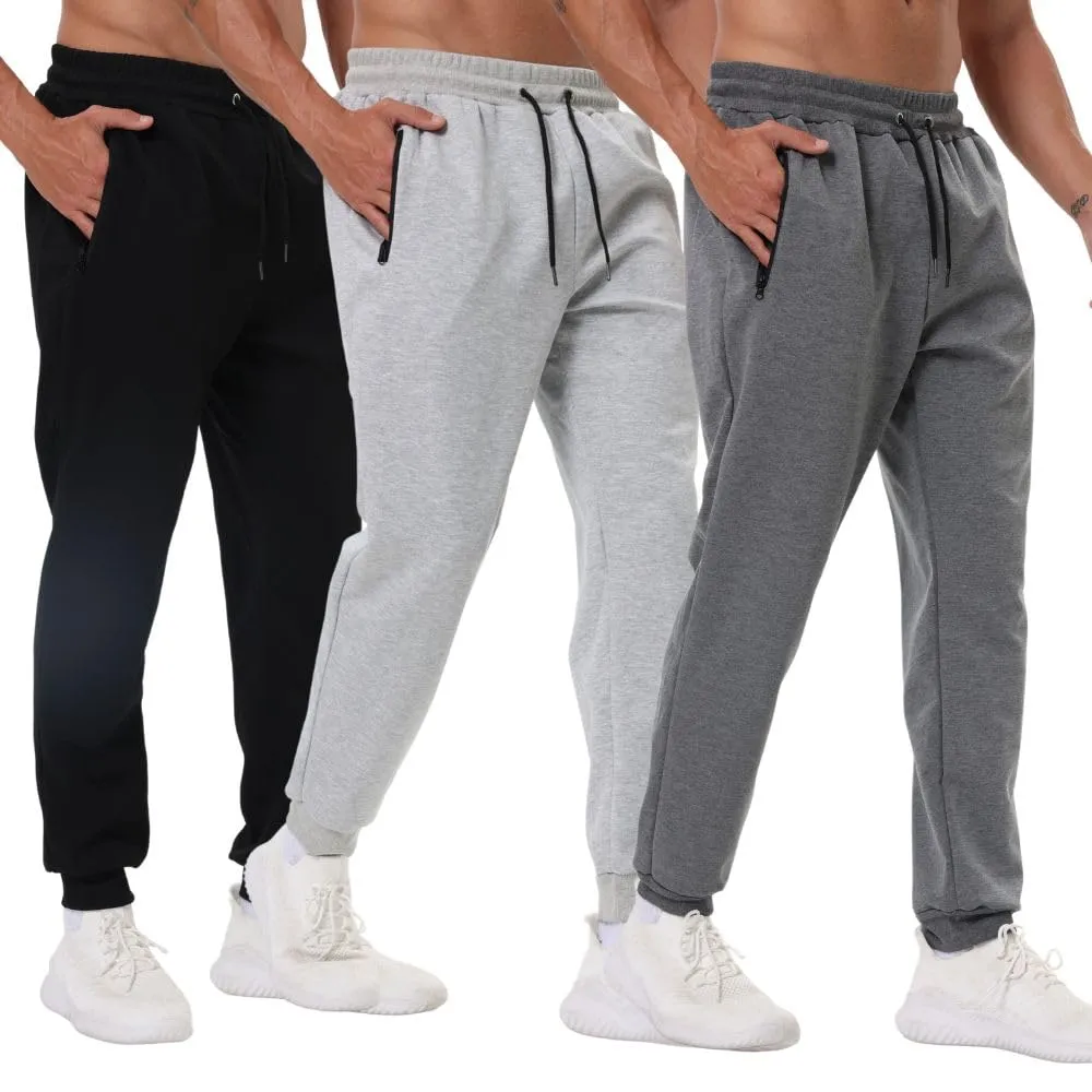 Bsrpolry Confezione da 3 pantaloni sportivi da uomo con tasche con cerniera, pantaloni da allenamento da palestra per corsa e jogging, Nero/Grigio Chiaro/Grigio Scuro, L