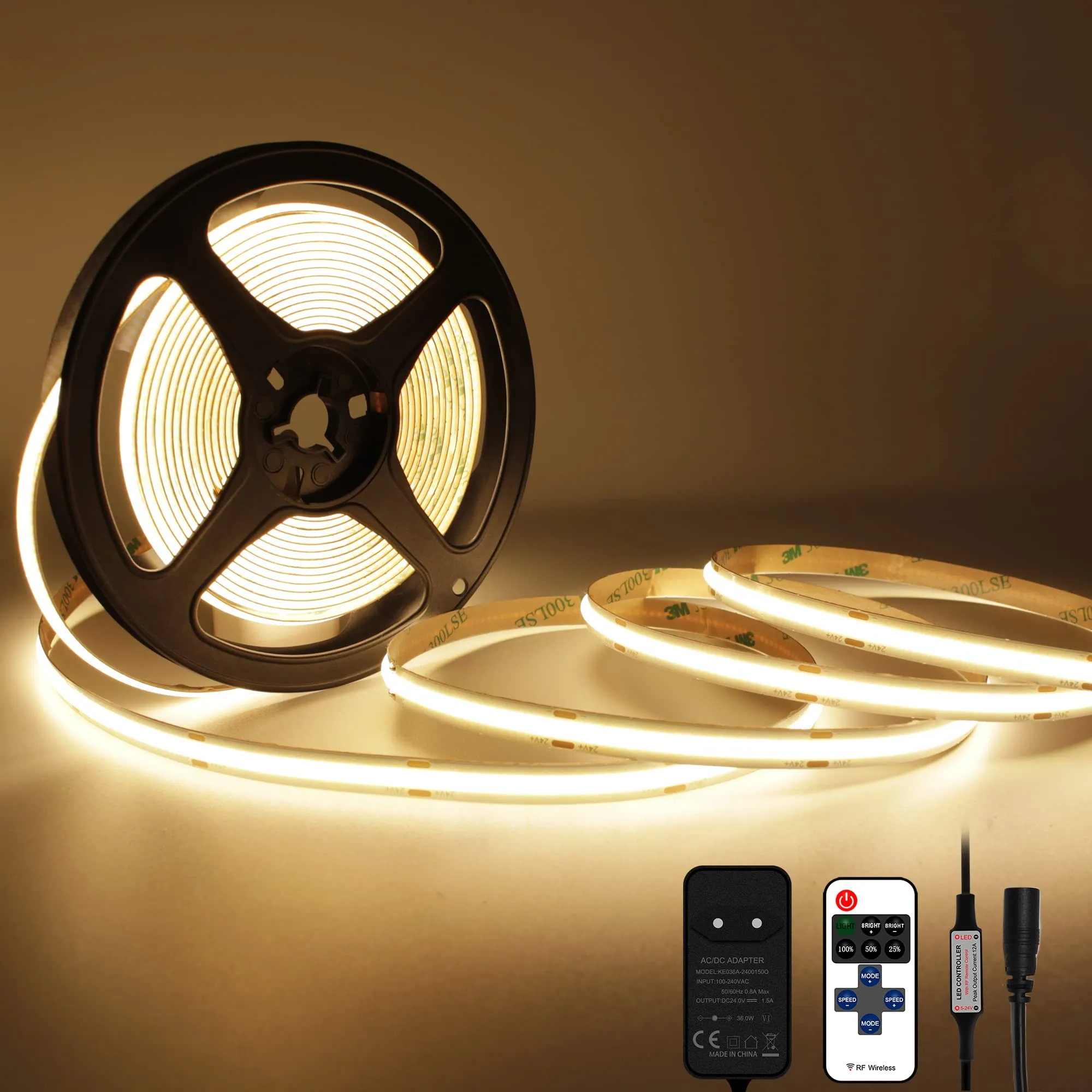 TTWAY Striscia LED COB 5M, 2700K Striscia LED Bianco Caldo con Alimentatore GS, Telecomando RF, 480LEDs/m, Larghezza 8mm, CRI>90, Luci a LED per Cucina Bar, Feste, TV Decorazione Camera Letto